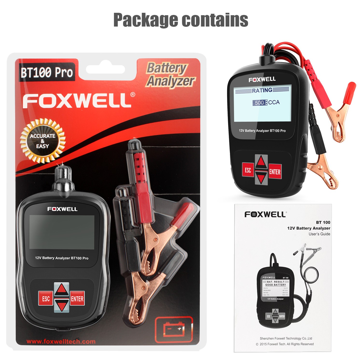 Foxwell BT100 Pro 12V Car Battery Analyzer - Accurate CCA 100-1100 Testing Tool