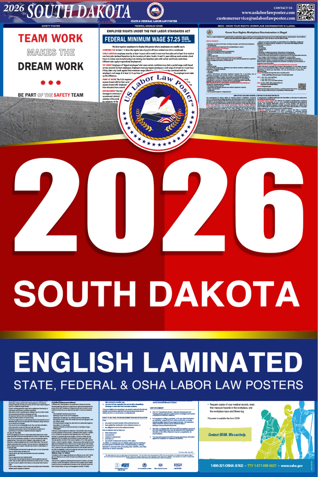 2026 South Dakota SD LABOR LAW POSTER (Federal & State) English Laminated