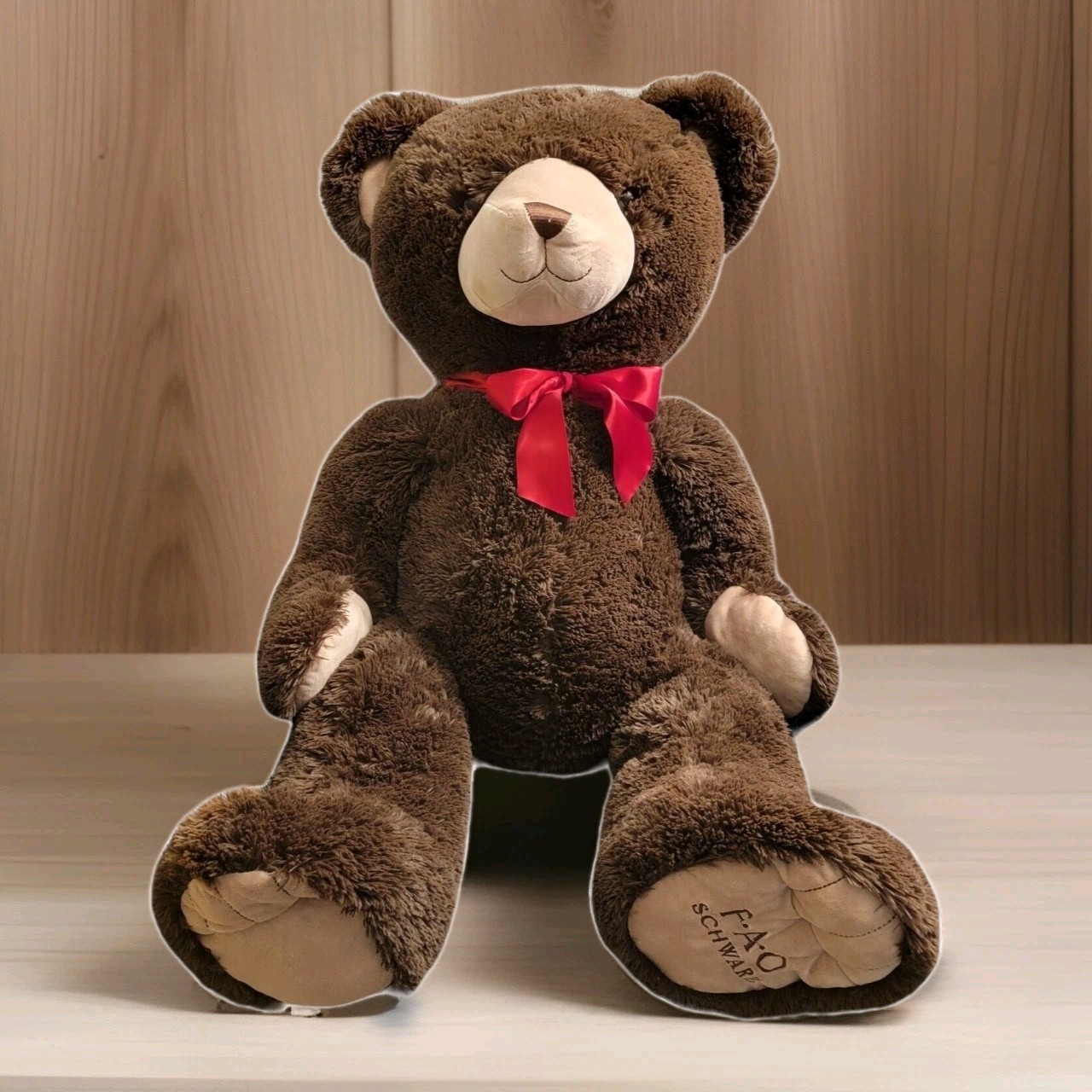 FAO Schwarz Brown 3 Foot Jumbo Teddy Bear Stuffed Animal Toy Red Ribbon 2017