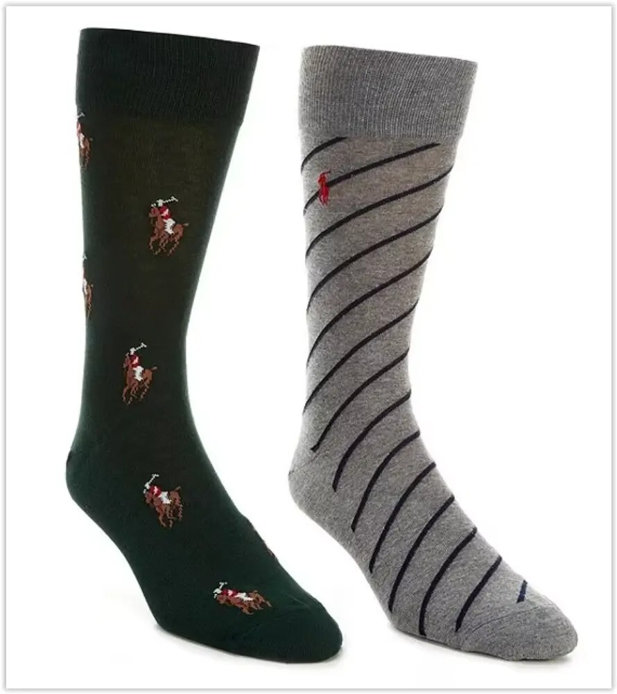 Polo Ralph Lauren Men’s 2-Pack Dress Socks 24-6 Green Polo Player & Grey Striped