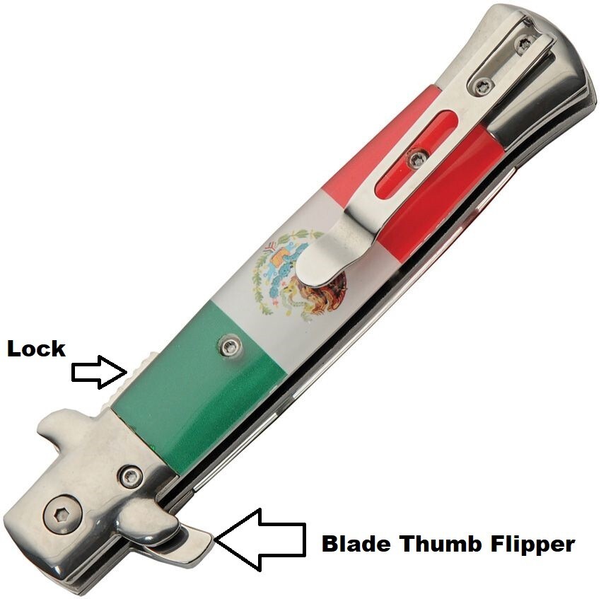 Stiletto Pocket Knife Assisted Opening Mexico Flag Handle