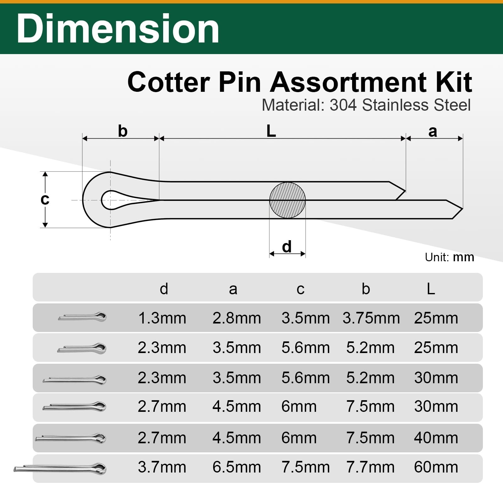 Mrdilla 100PCS Cotter Pins Assortment Kit, Stainless Steel Split Pins Set for...