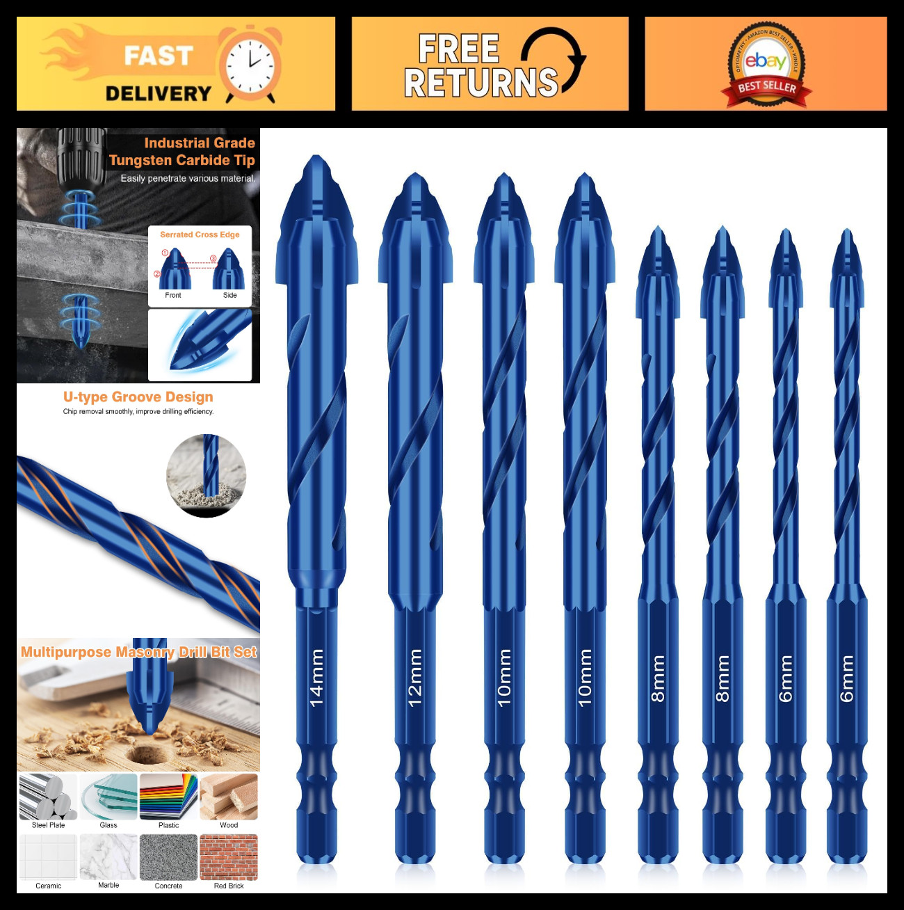 8 PCS Masonry Drill Bit Set - Carbide Tips for Concrete, Tile, Wood, Glass, Marb