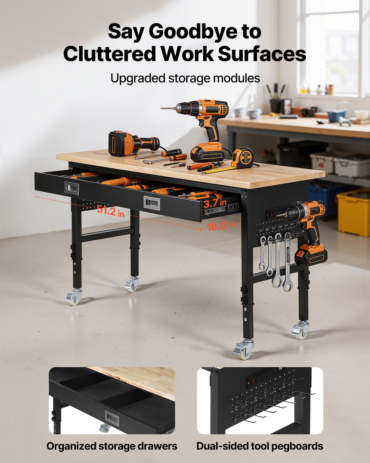 VEVOR 60-inch Adjustable Workbench Wood Work Table with Power Outlet & Drawer