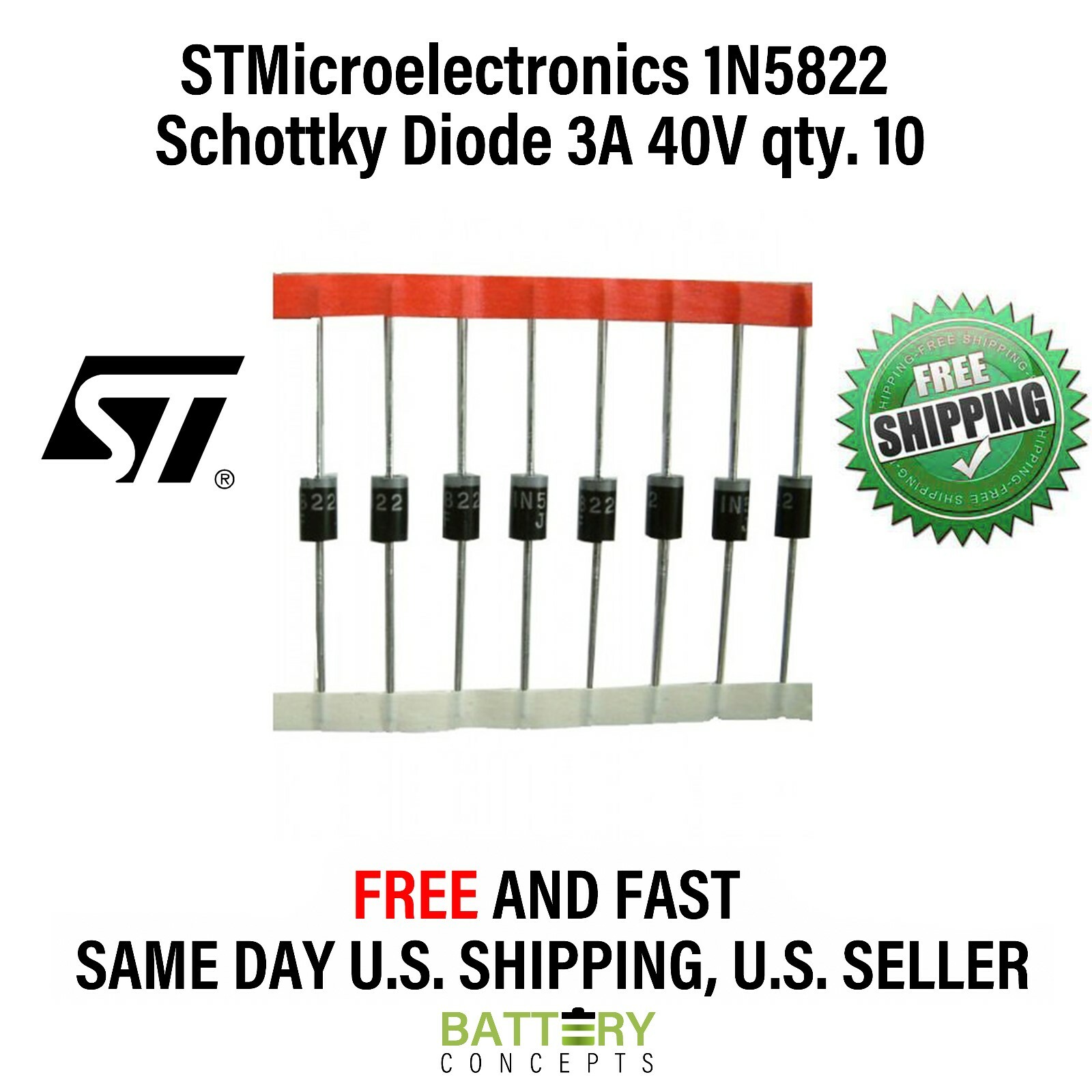 1N5822 Schottky Barrier Diode STMicroelectronics 3A 40V qty.10 FREE SHIPPING