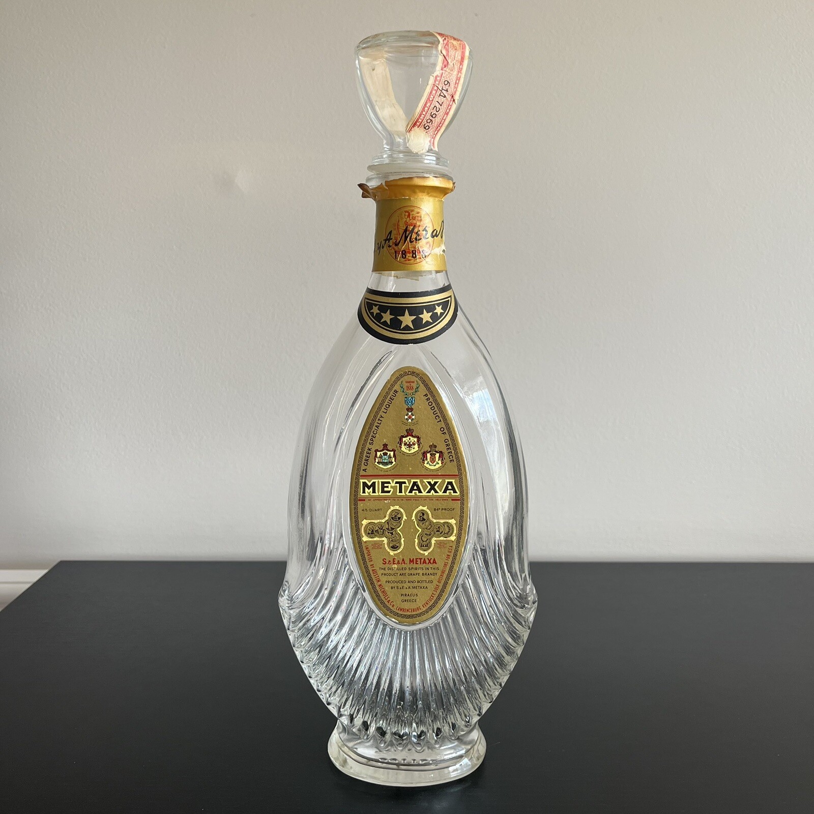 Metaxa Glass Bottle Liquor Liqueur EMPTY 4/5 Quart 13 Inch Vintage RARE