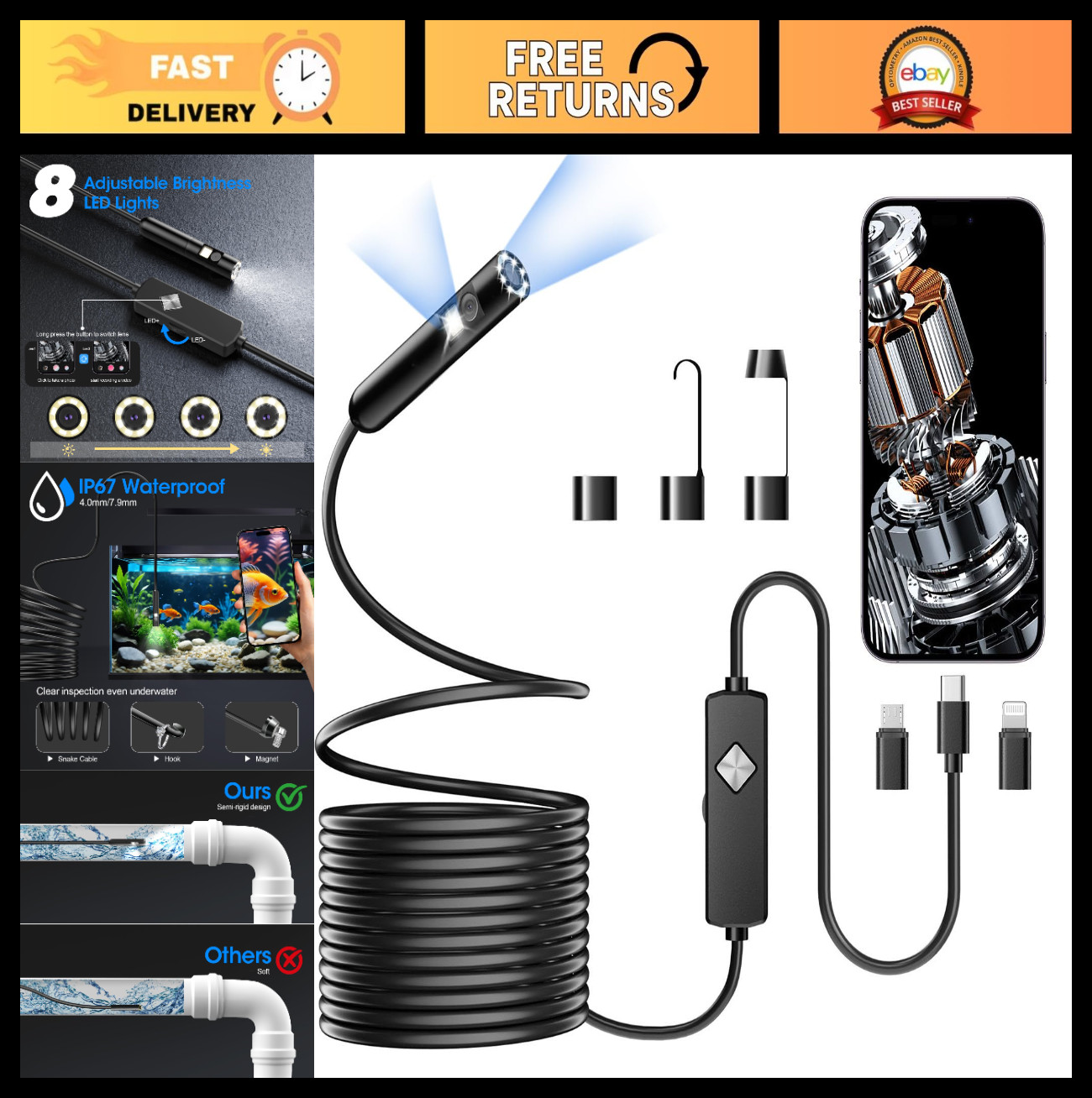 1920P HD Endoscope Camera with 8 LED Lights, Waterproof Inspection Tool, 16.4FT