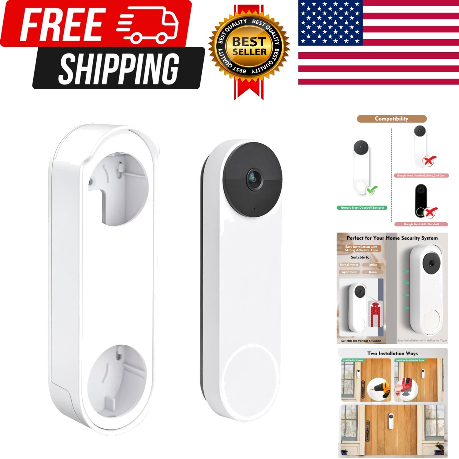 Anti-Theft No Drill Doorbell Mount Compatible with Google Nest Doorbell (Batter