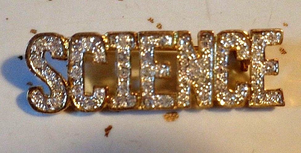 "SCIENCE" PIN * GENUINE AUSTRIAN CRYSTALS * HANDCRAFTED * GOLD TONE * 1.5" LONG