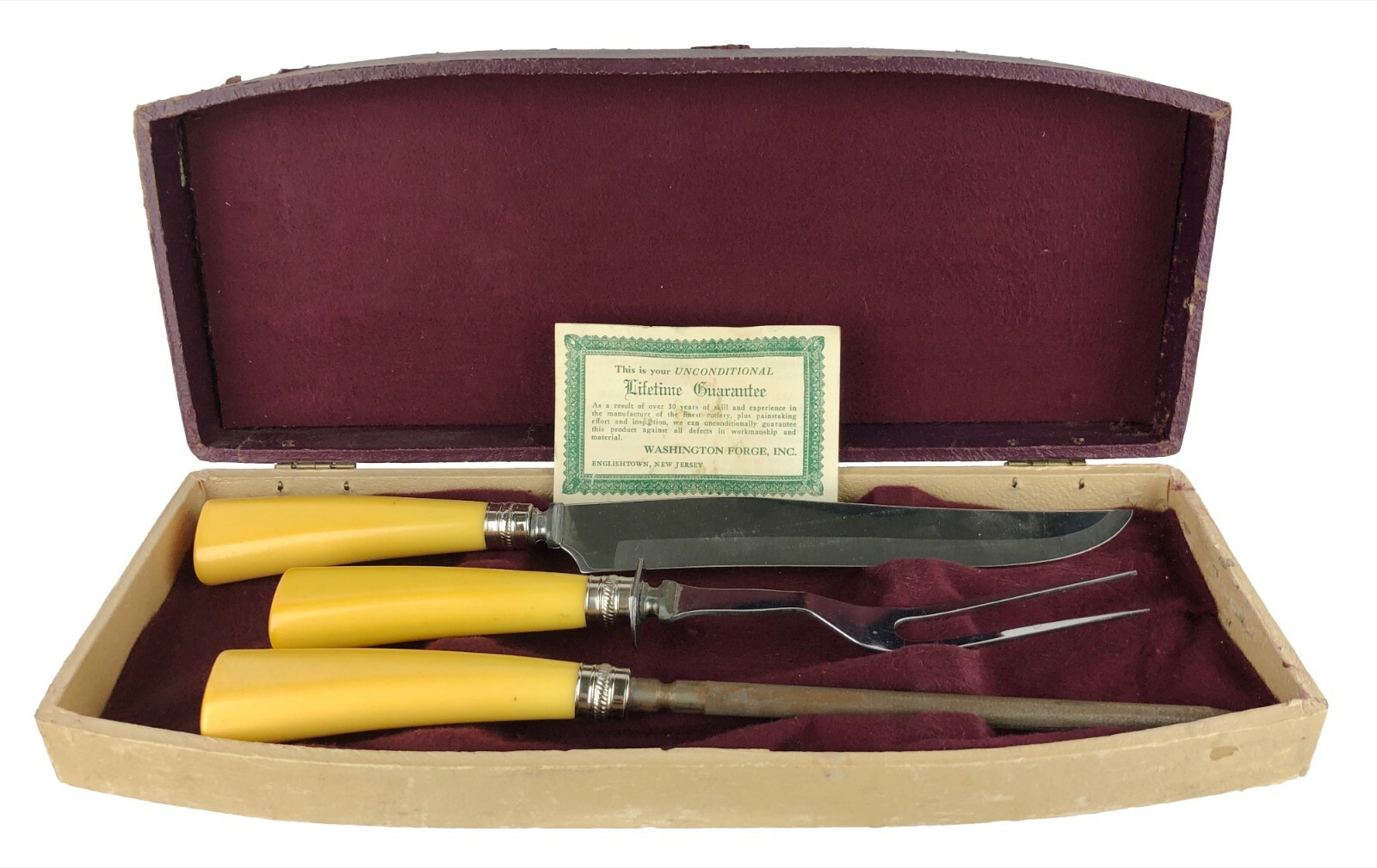 Vintage Washington Forge Butterscotch Bakelite Handle Carving Set Original Box