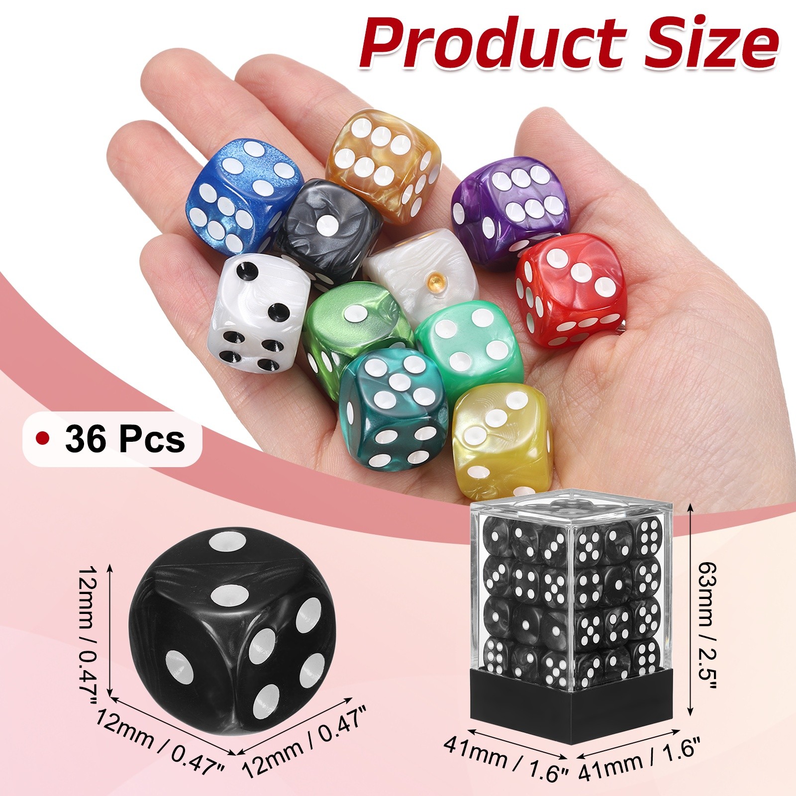 Polyhedral Dice Set 12mm Pearl Pattern Square Dice with Box, Black