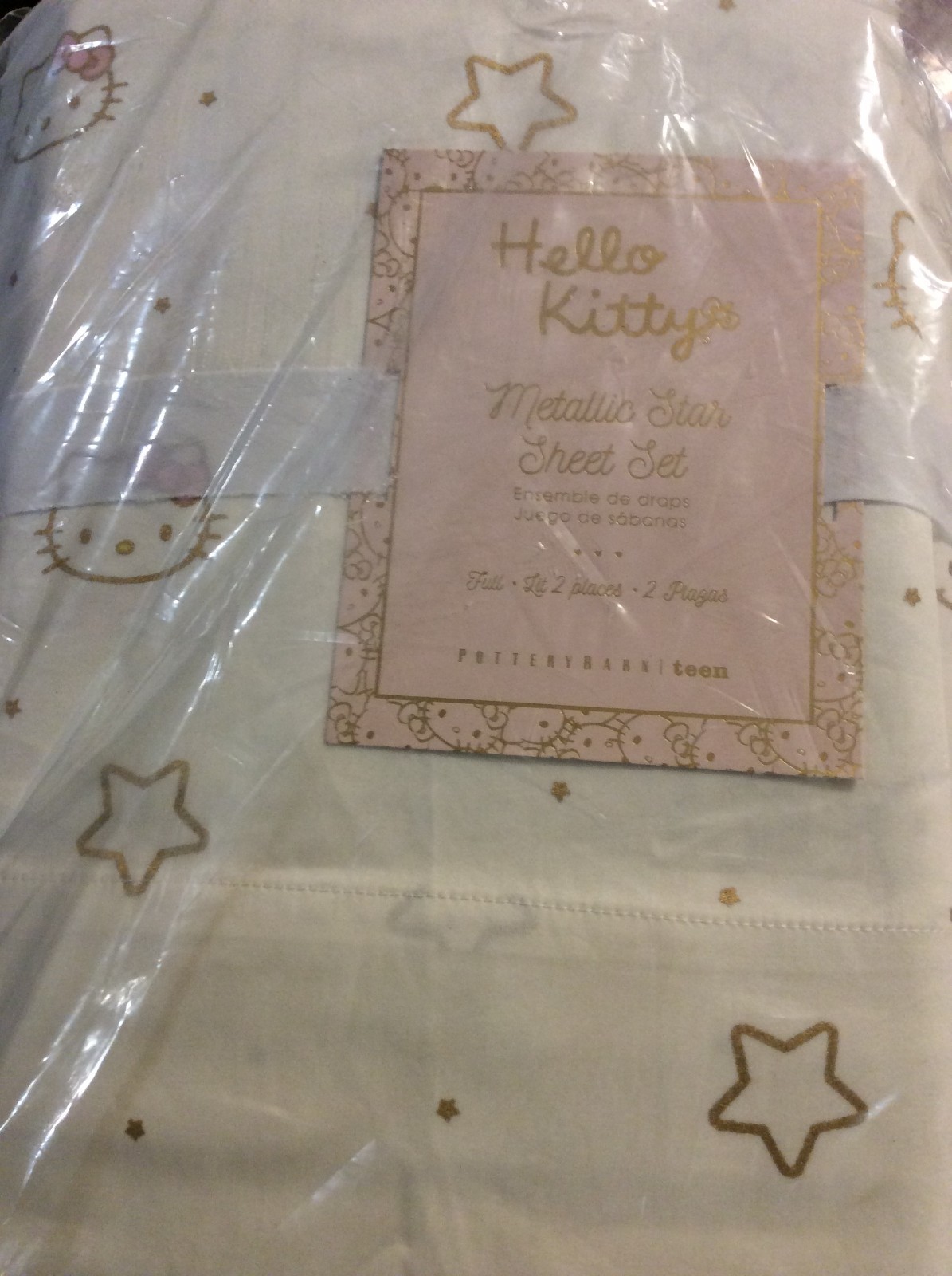Pottery Barn Teen Hello Kitty Full Metallic Star Sheet Set NWT 100% Cotton