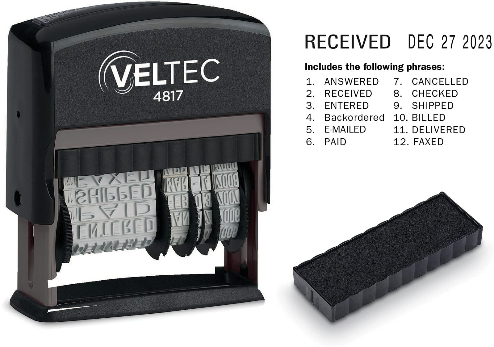 4817 Date Stamp With 12 Changeable Messages Black Ink Rubber Stamper Tool