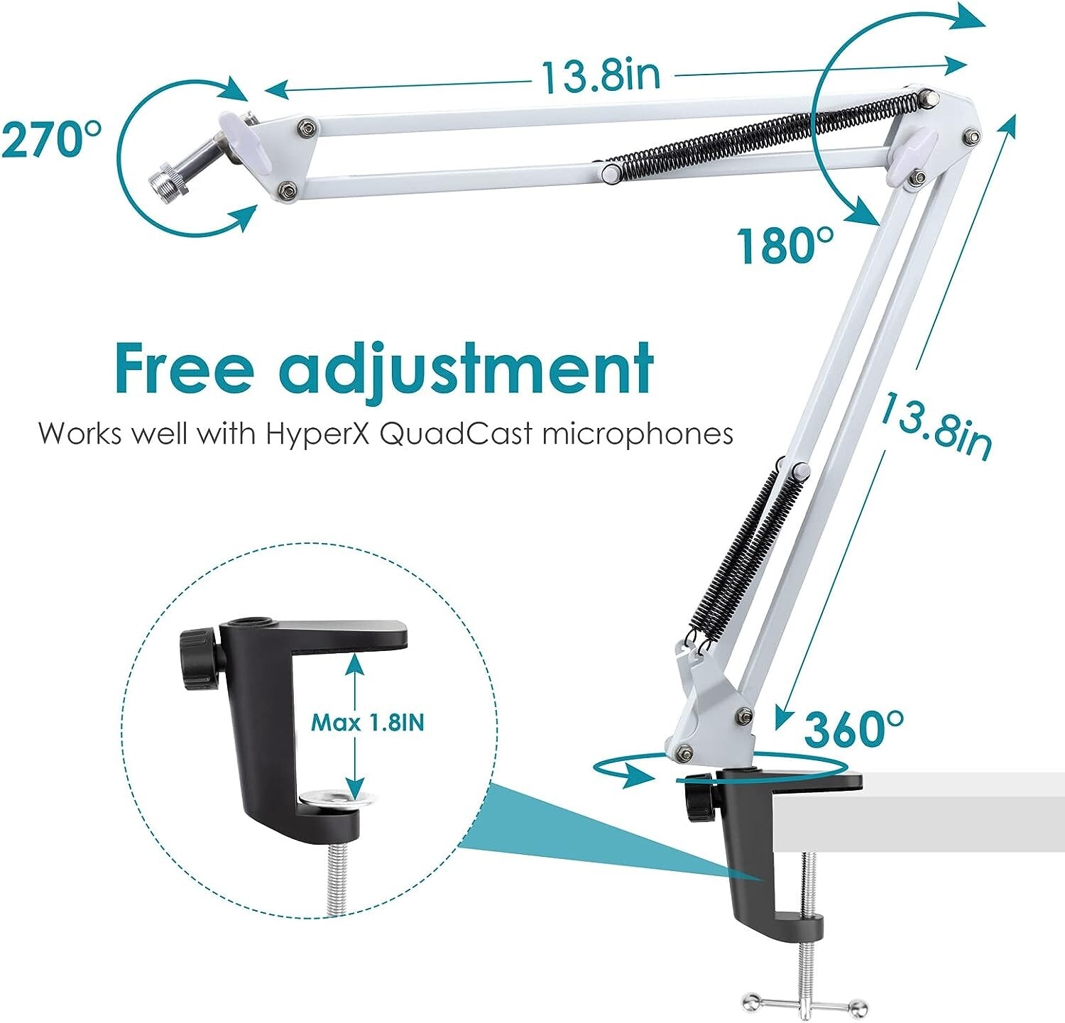 White Mic Arm Compatible with Hyperx Quadcast S - Premium Quadcast S Microphone