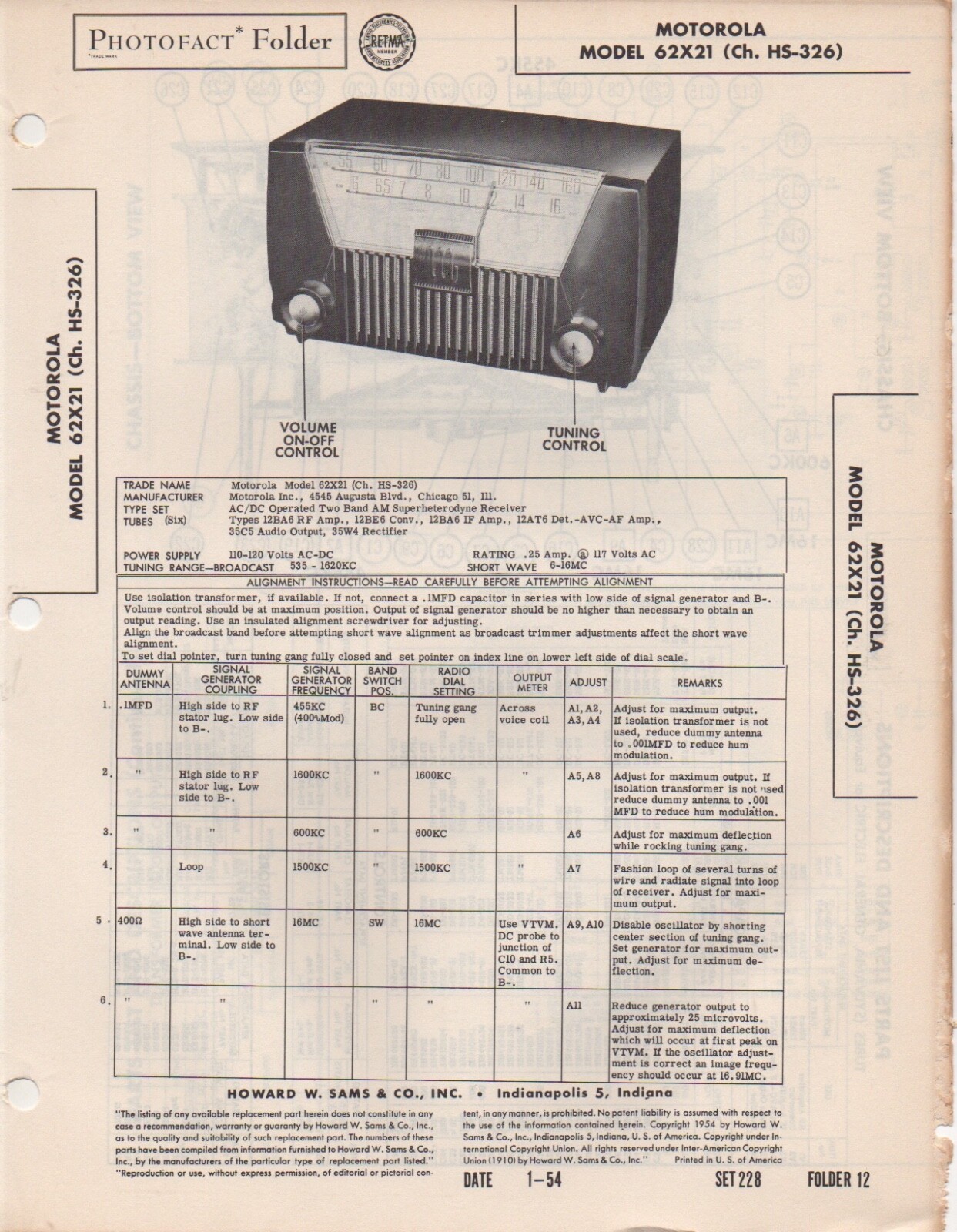 1954 MOTOROLA 62X21 RADIO SERVICE MANUAL SCHEMATIC REPAIR PHOTOFACT DIAGRAM