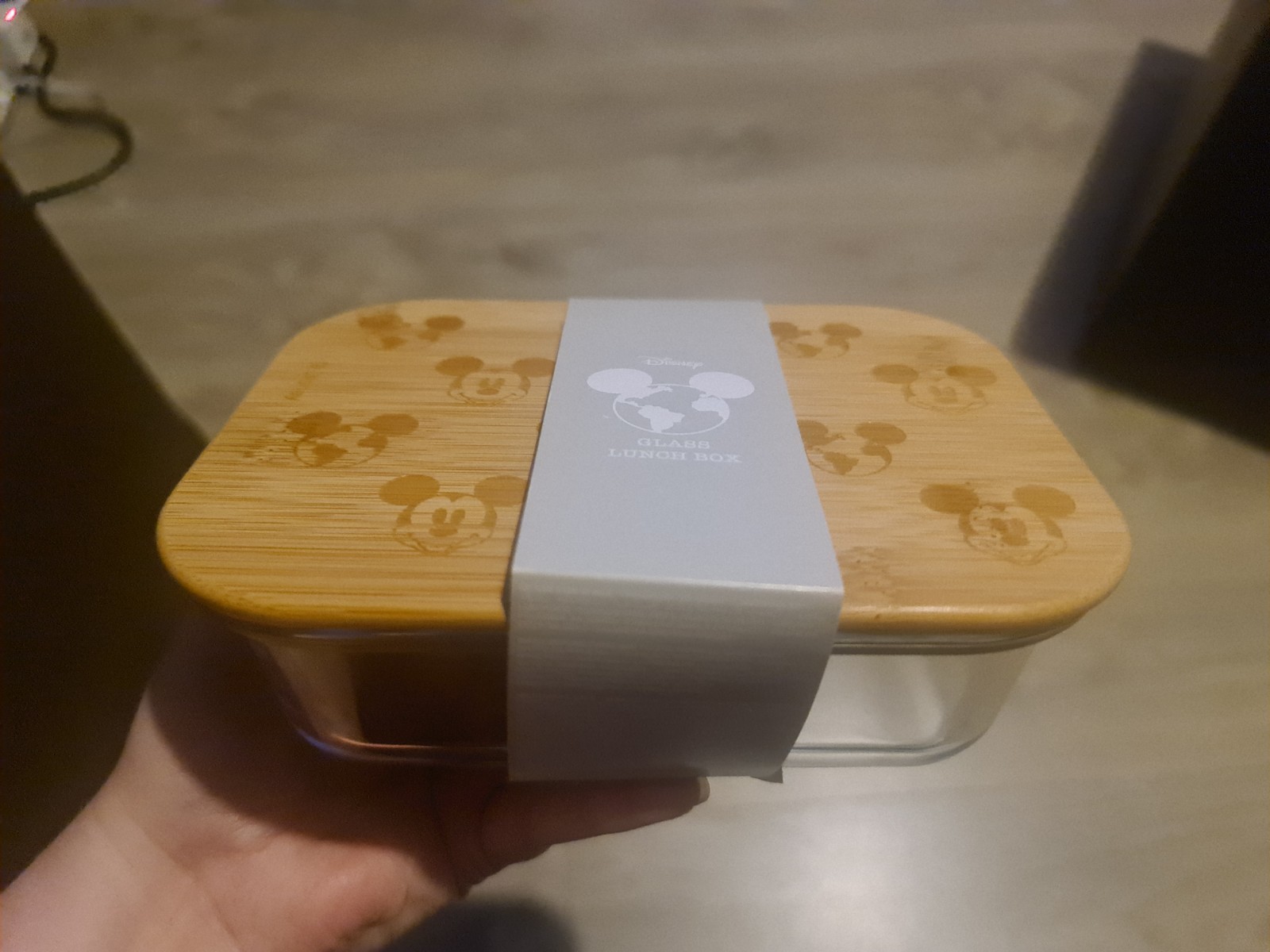 Disney Mickey Mouse Wood Lid Glass Lunchbox Microwave Dishwasher Safe Brand New