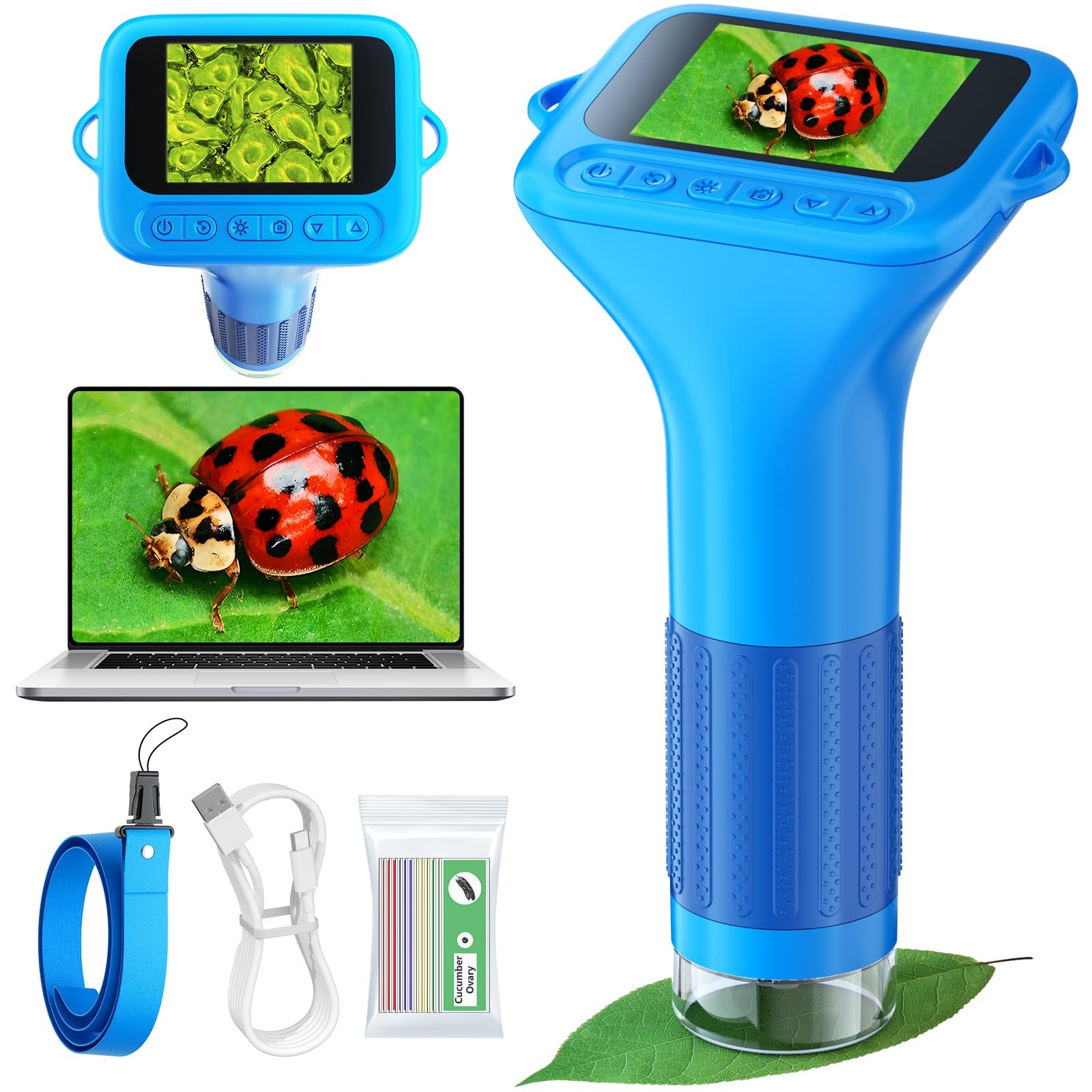 Odatay Microscope for Kids with 12 Slides, 100X-1000X 1080P 1 Pack, Blue