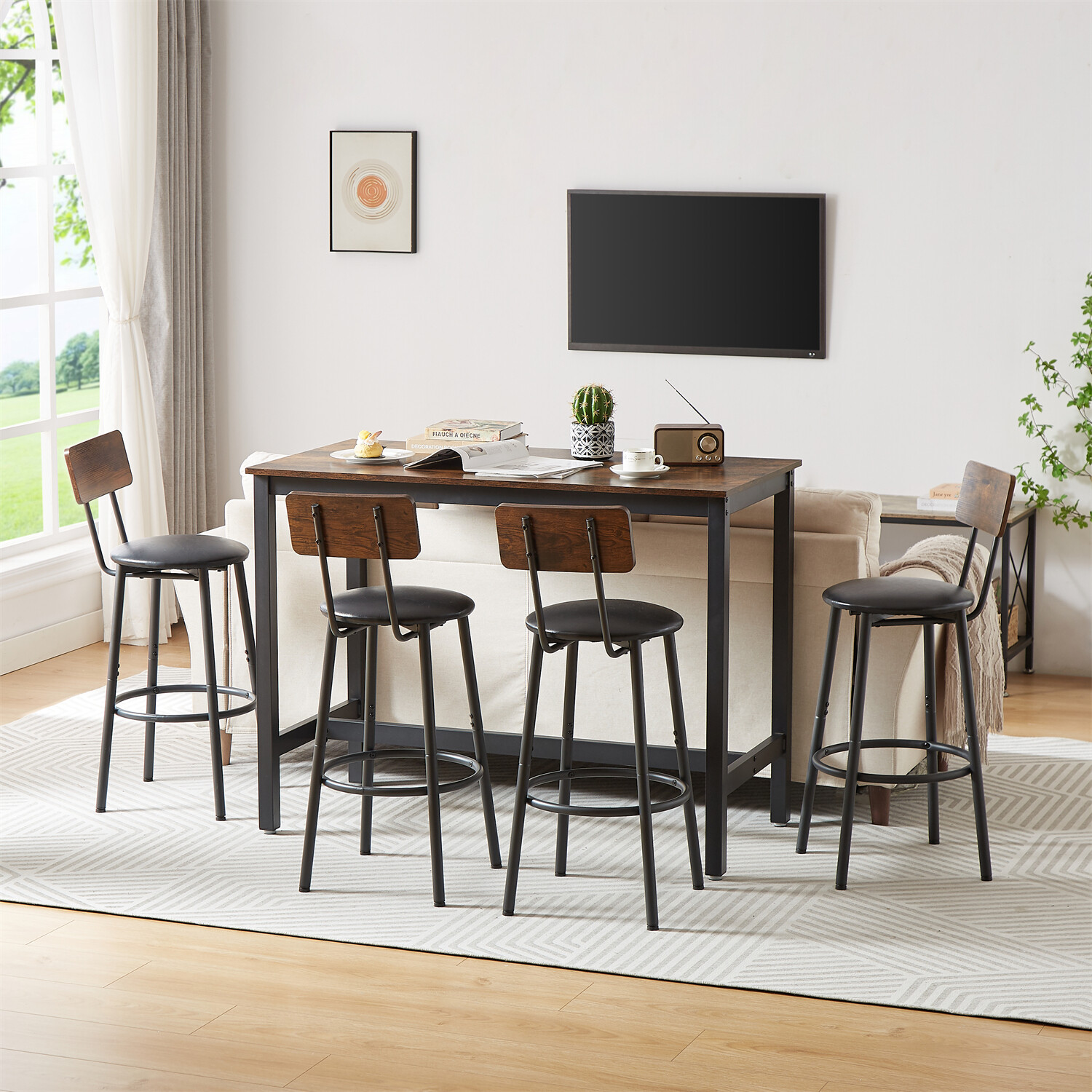 Modern 5 Piece Bar Table Set Counter Height Kitchen Pub Table w/ 4 Bar Stools US