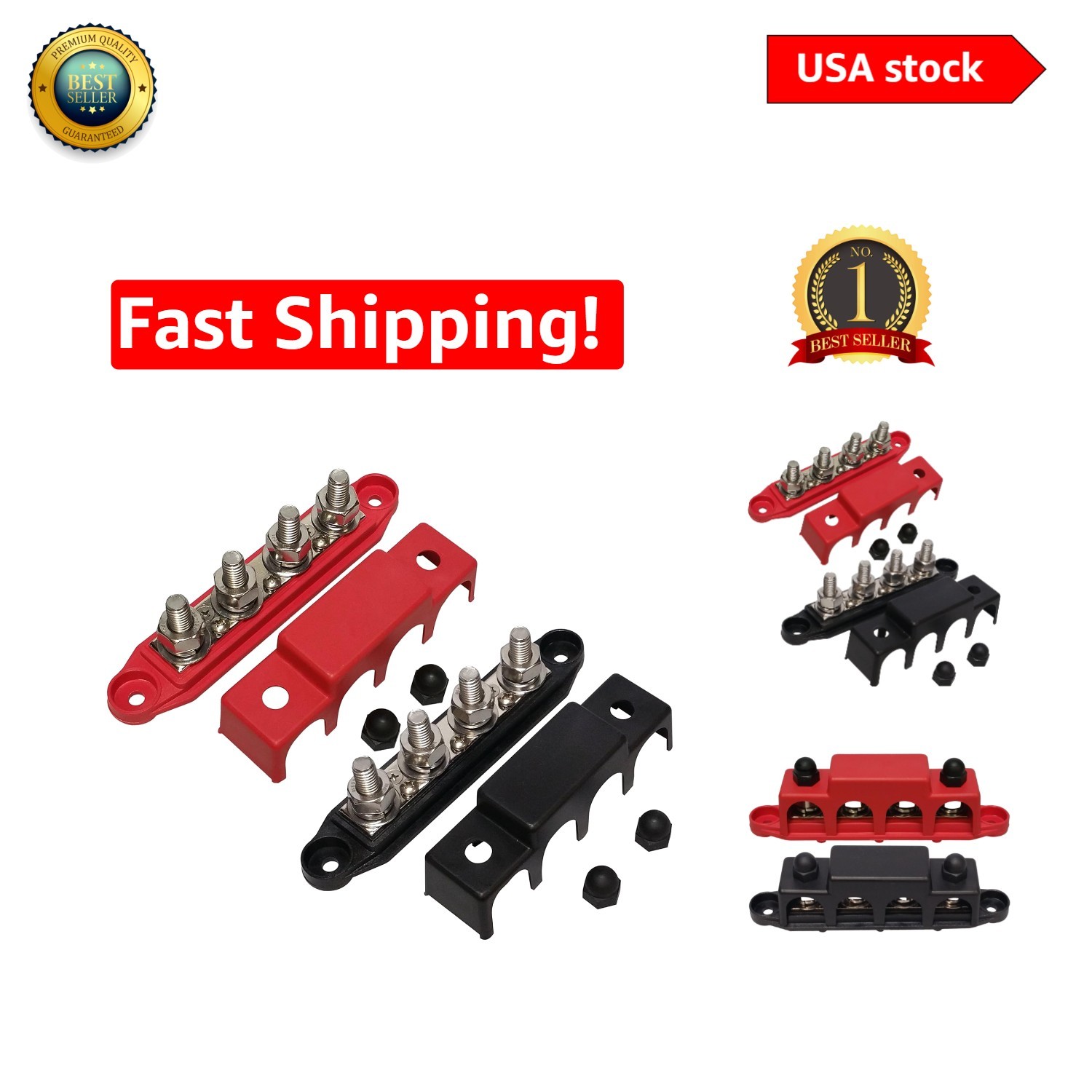 4 Stud Red & Black Bus Bar - 250A Power Distribution for Marine Battery Systems
