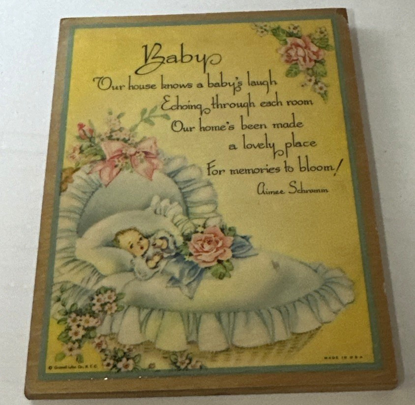 Antique Vintage Wooden Plaque BABY Poem, Grinnell Litho Co. USA  Retro Nursery