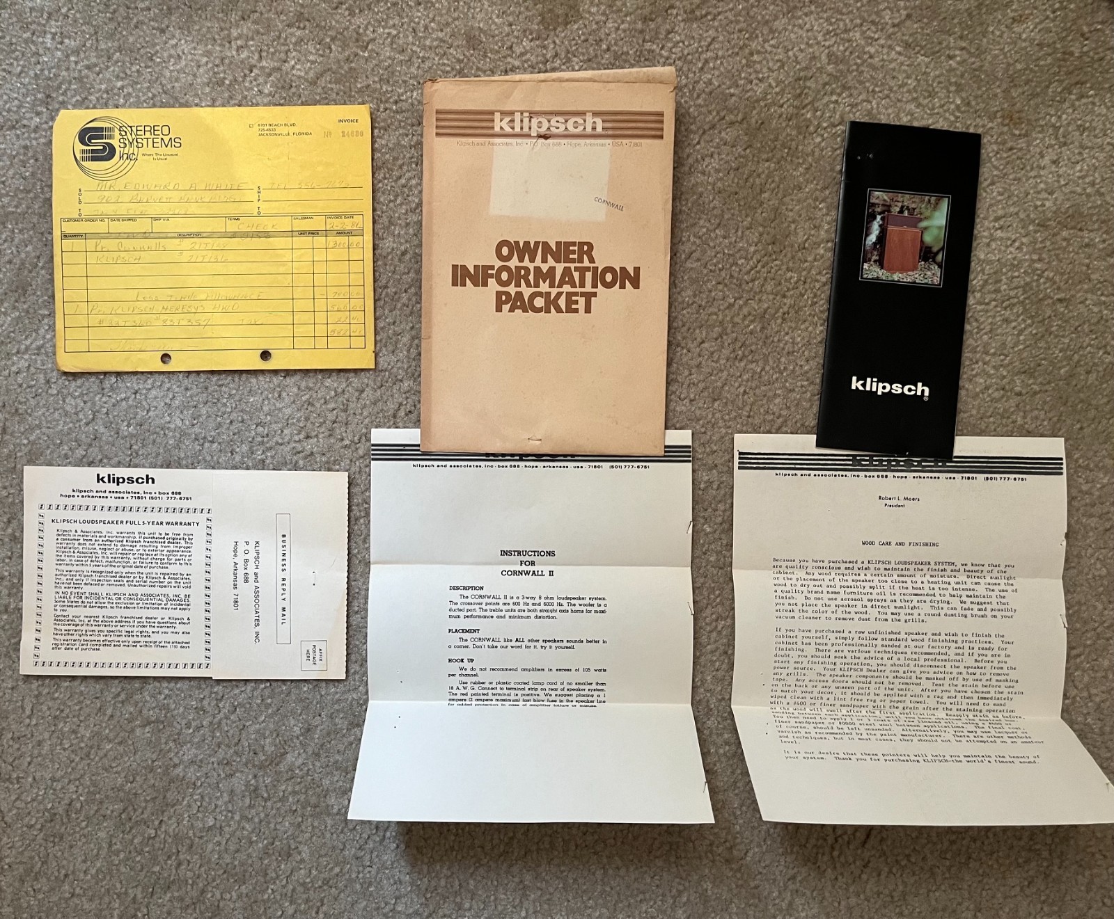 Owner Information Packet Klipsch Cornwall Receipt Brochure Install Care Warranty