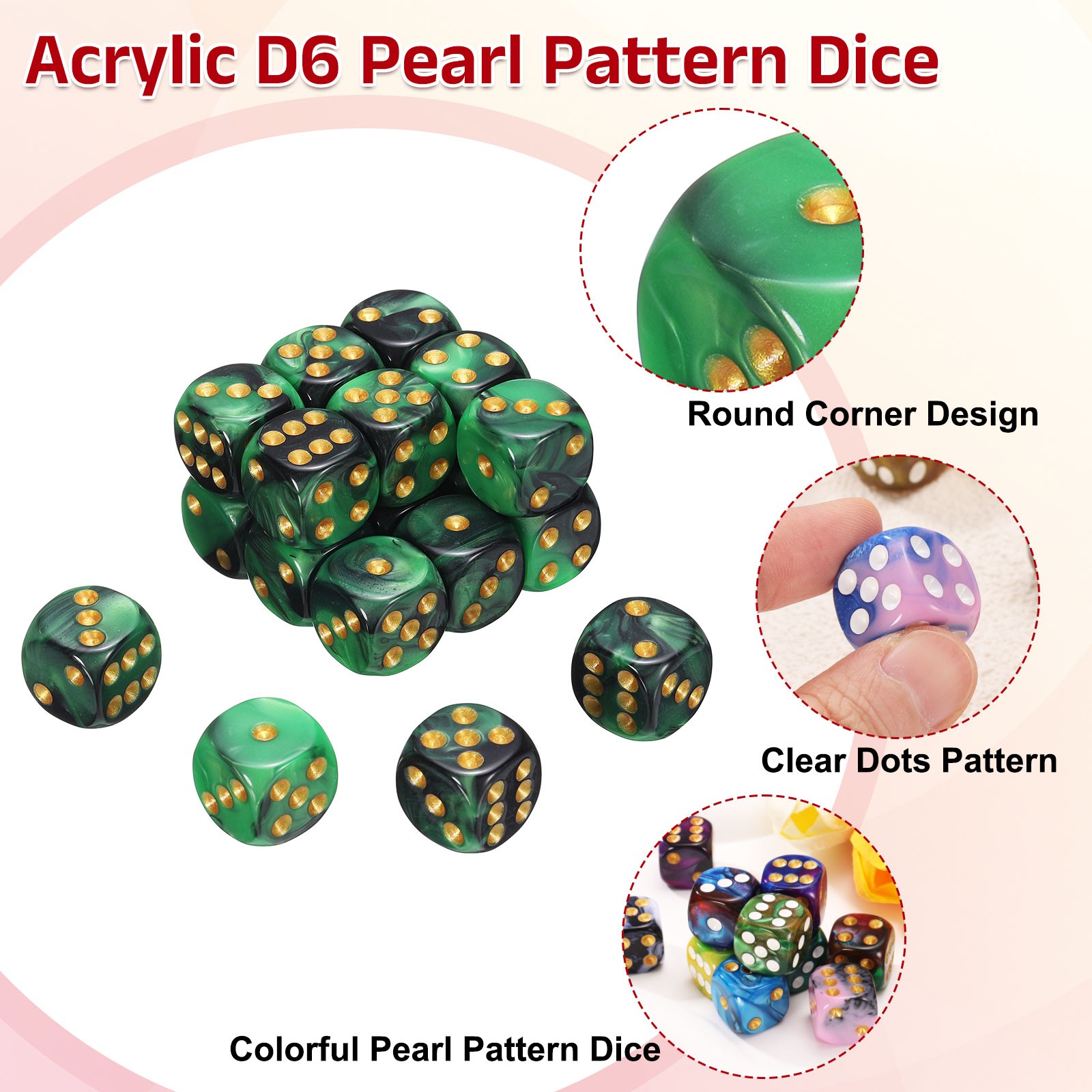20Pcs 6 Sided Standard Dice, Acrylic D6 Pearl Pattern Dice (Green and Black)