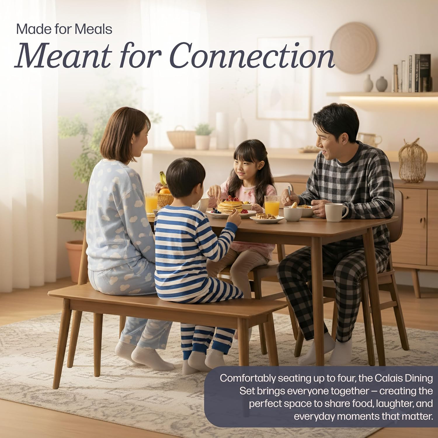 Calais Dining – 4 Piece Dining Table Set for 4 with Chairs and Bench – Mid Centu