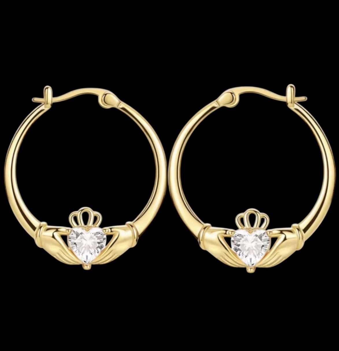 Claddagh Hoop Earrings Gold on 925 Silver 26mm x 29mm Hinged Posts Gift Boxed