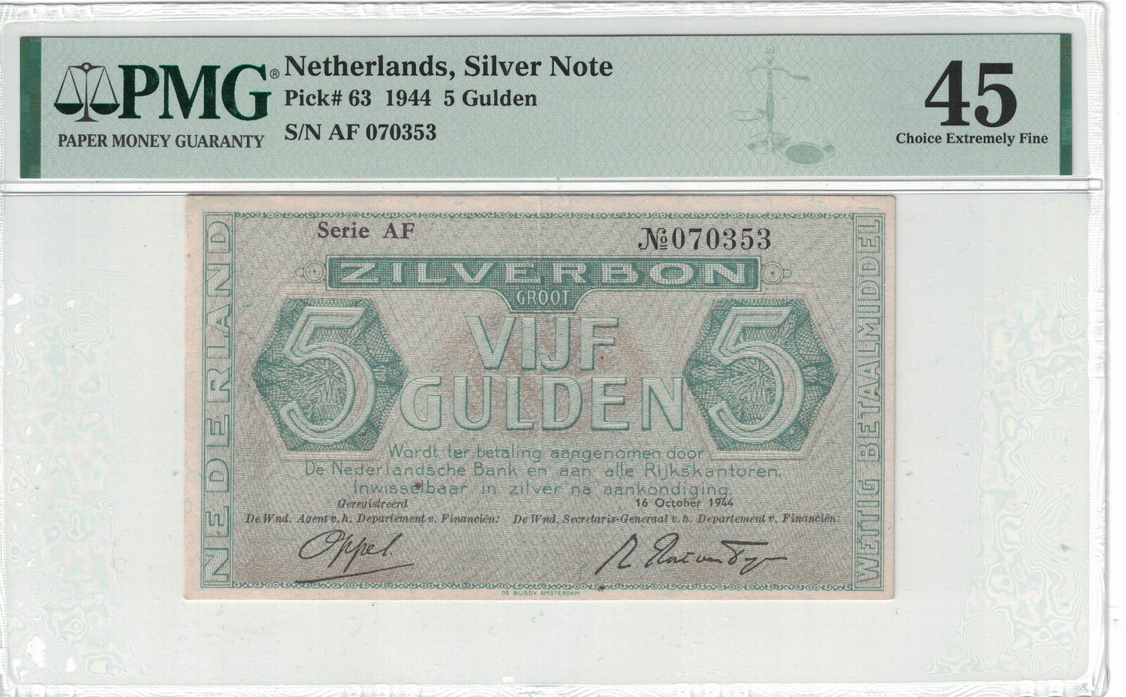 NETHERLANDS, Silver Note 5 Gulden 1944 Pick# 63 PMG: 45 EF #PL1575