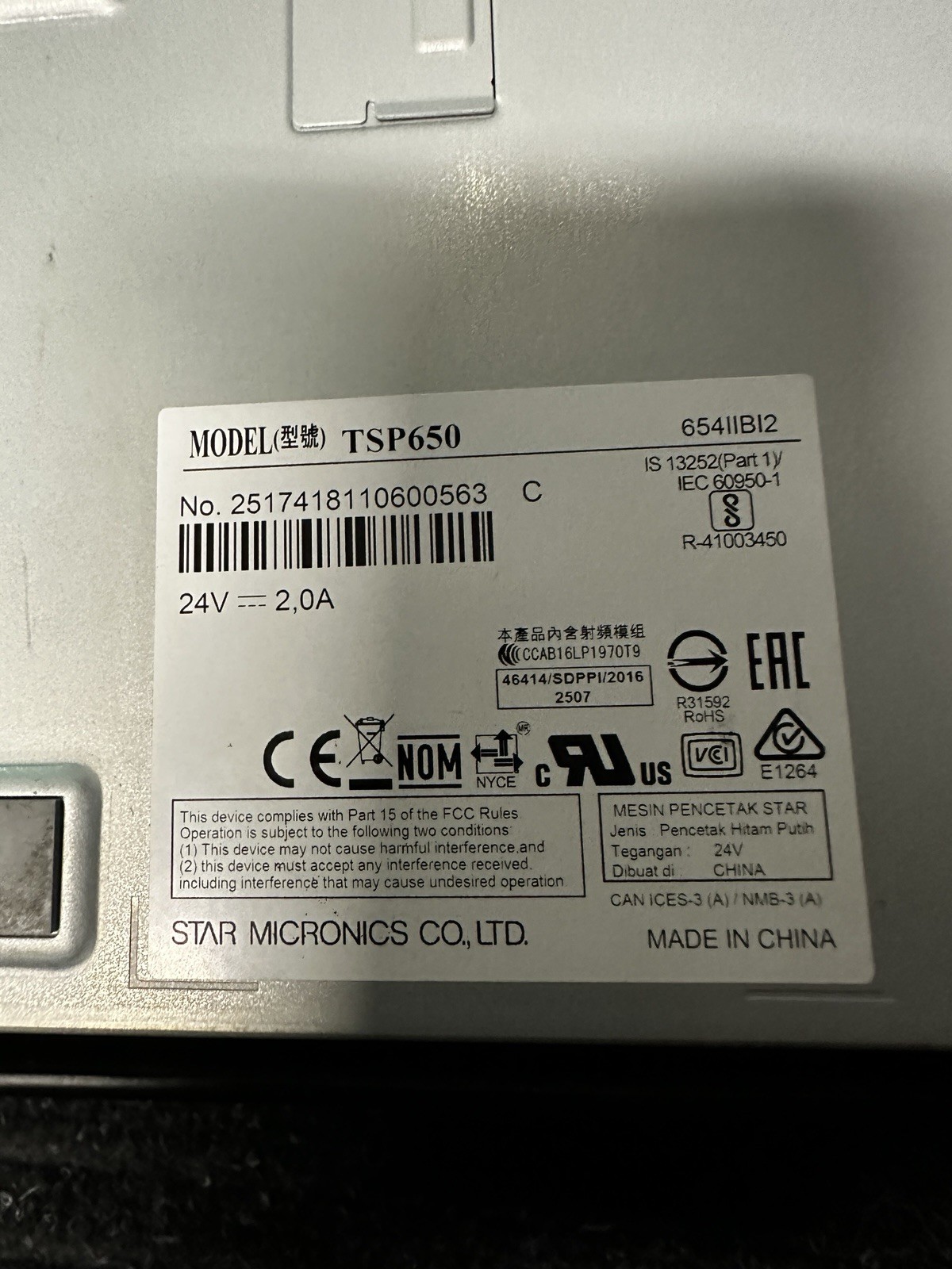 Star TSP650II 654IIBI2 POS Receipt Printer Bluetooth 654IIBI2