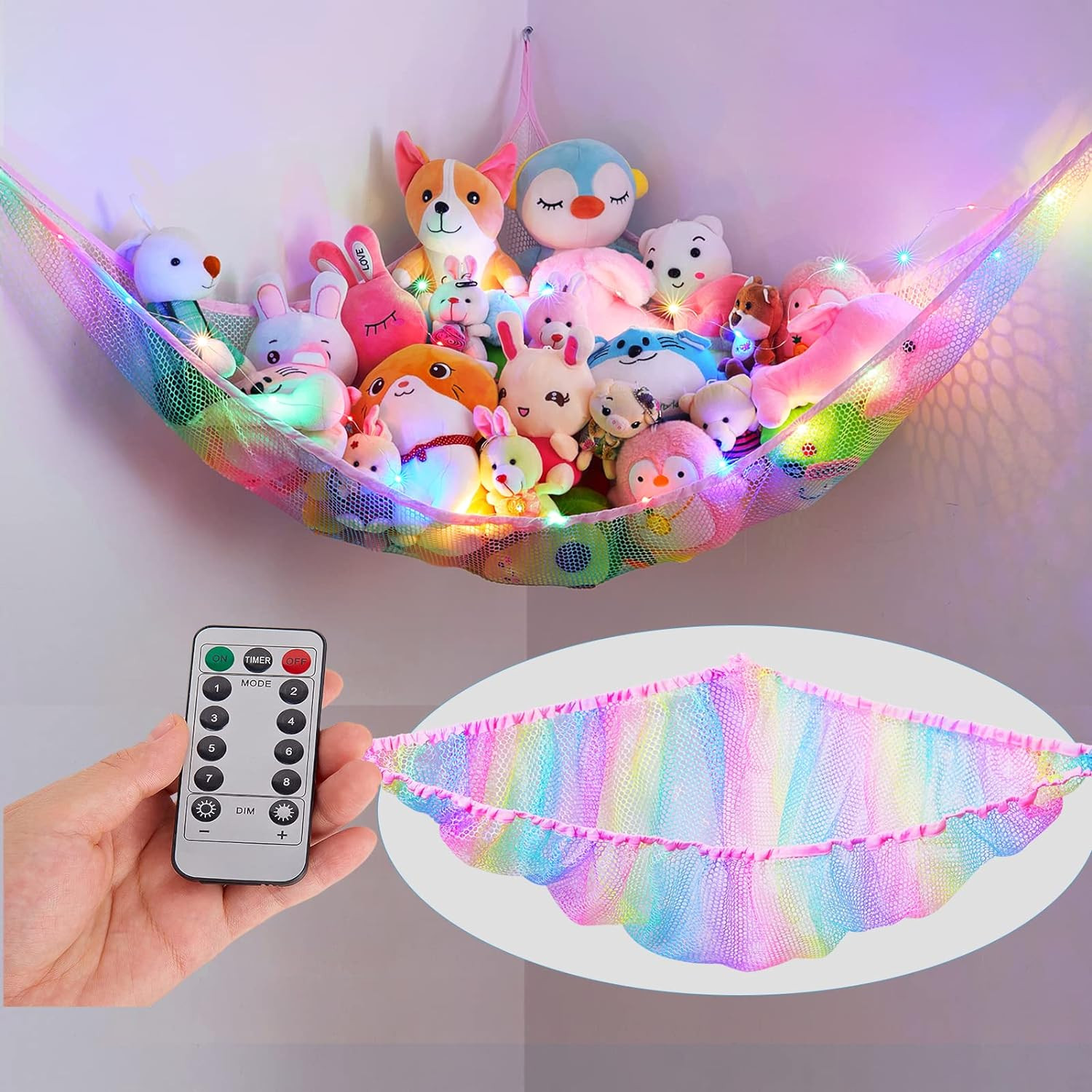 Stuffed Animal Net Hammock Kids Toy Storage with LED Light Plush Toy Organizer C