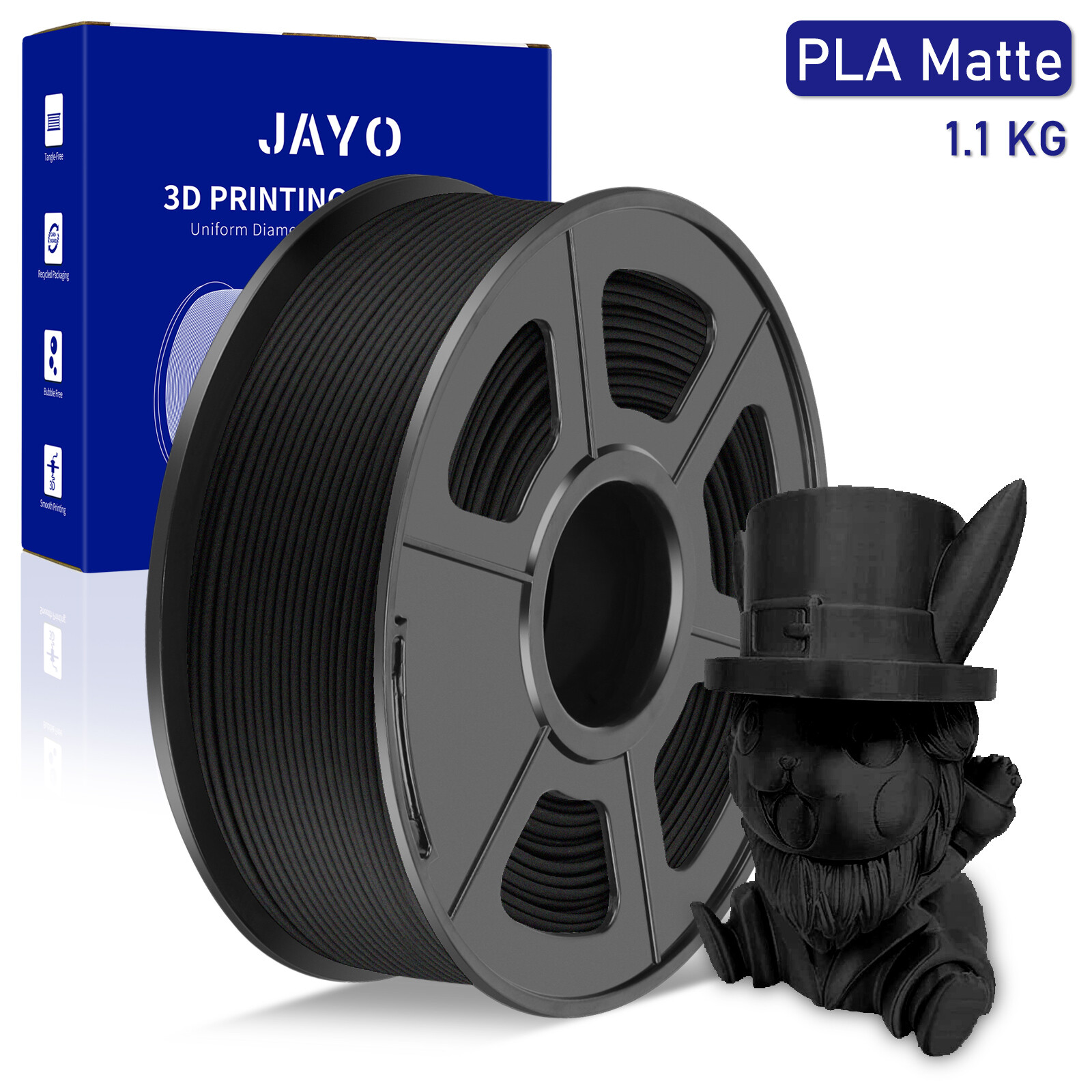JAYO 1.1KG PLA Matte Black 1.75mm Filament 3D Non-glossy Neatly Wound Smooth
