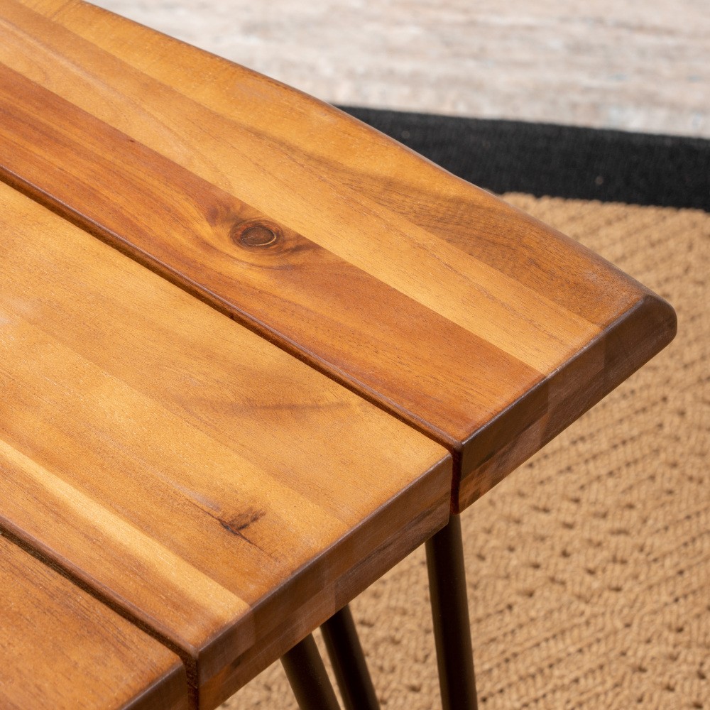 Rustic Acacia Wood Side Table with Iron Legs, Outdoor Patio Backyard
