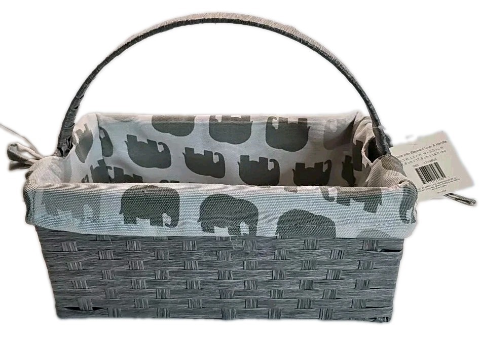 Gray Tote Basket Elephant Print Fabric Liner 12.5x7x5.5" Handle Drop Of 4.5"