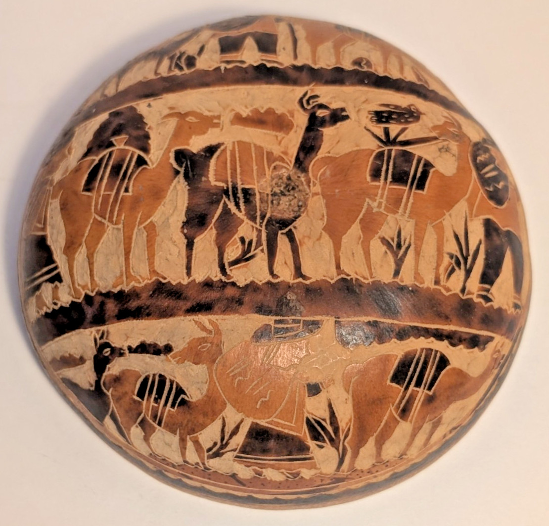 Peruvian Hand Carved Gourd Folk Art Bowl/Trinket Dish With Llama Folk Art 6"