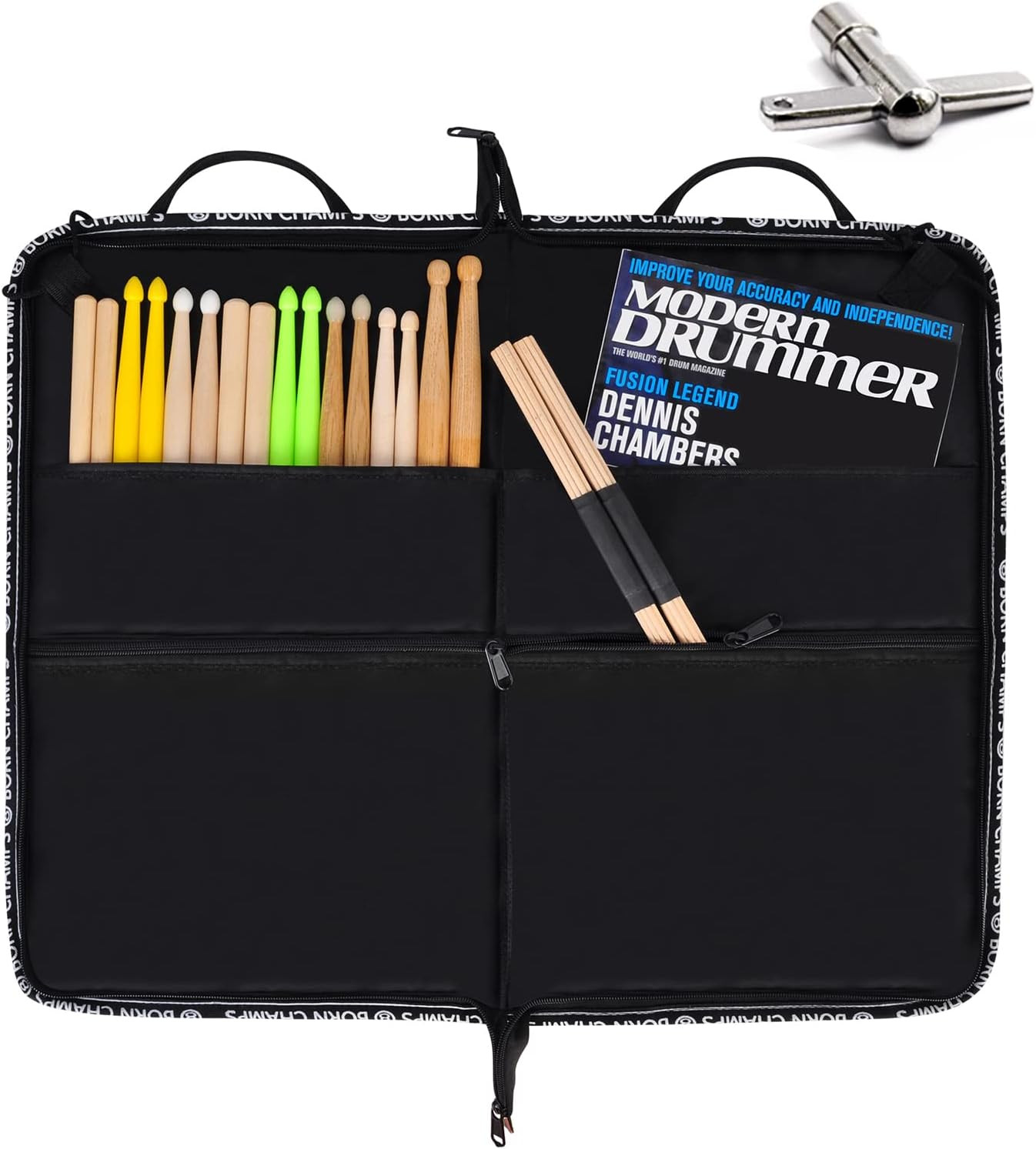Drum Sticks Bag - Large Capacity Holder with Drum Key, Hook, Strap (Black)