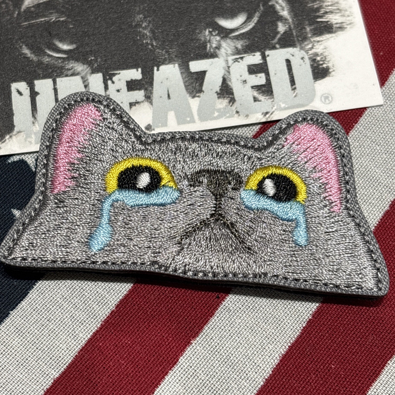 Sad Cat Patch Hook & loop High Quality Embroidery 3x1.5”