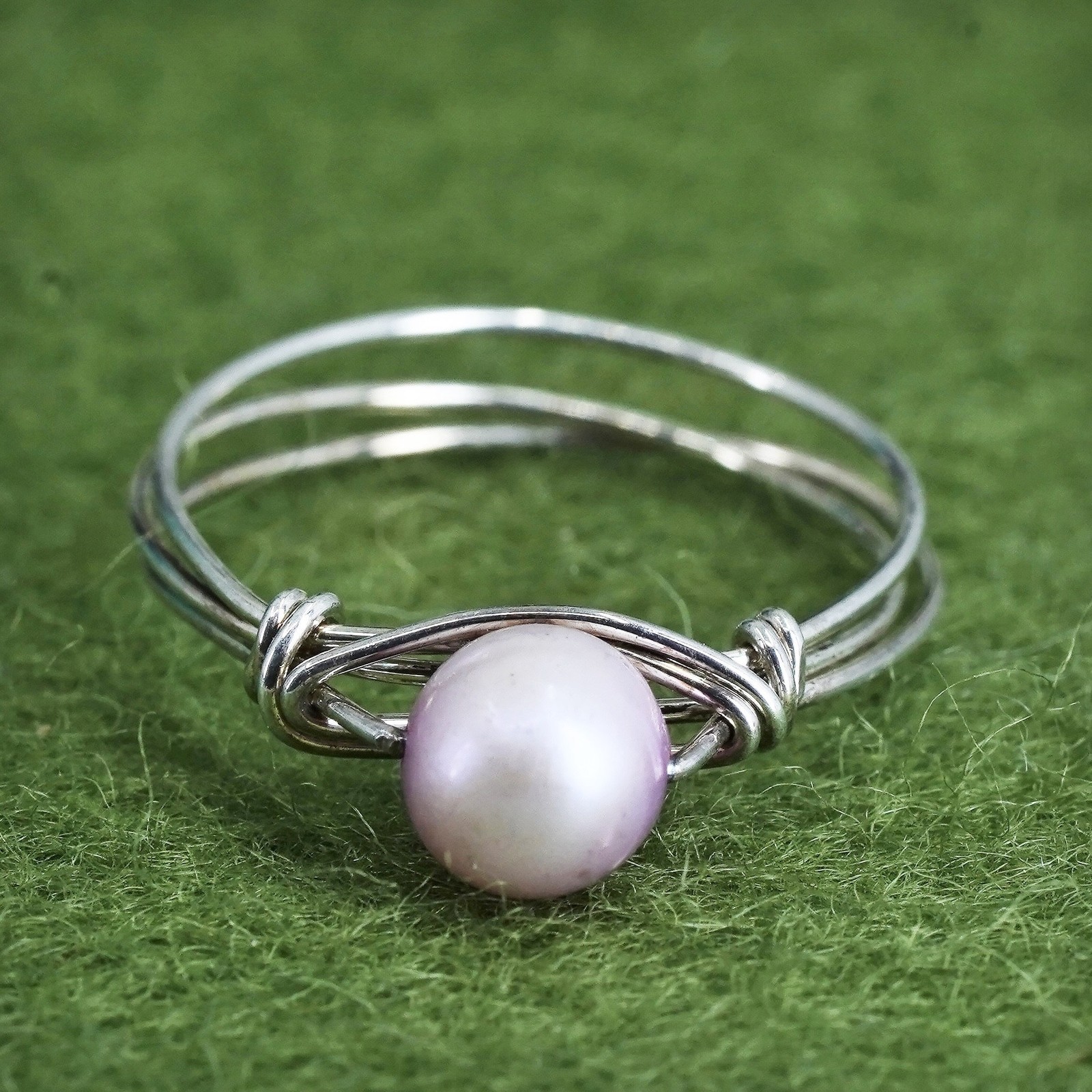 Size 8, vintage sterling 925 silver handmade wired ring with pink pearl
