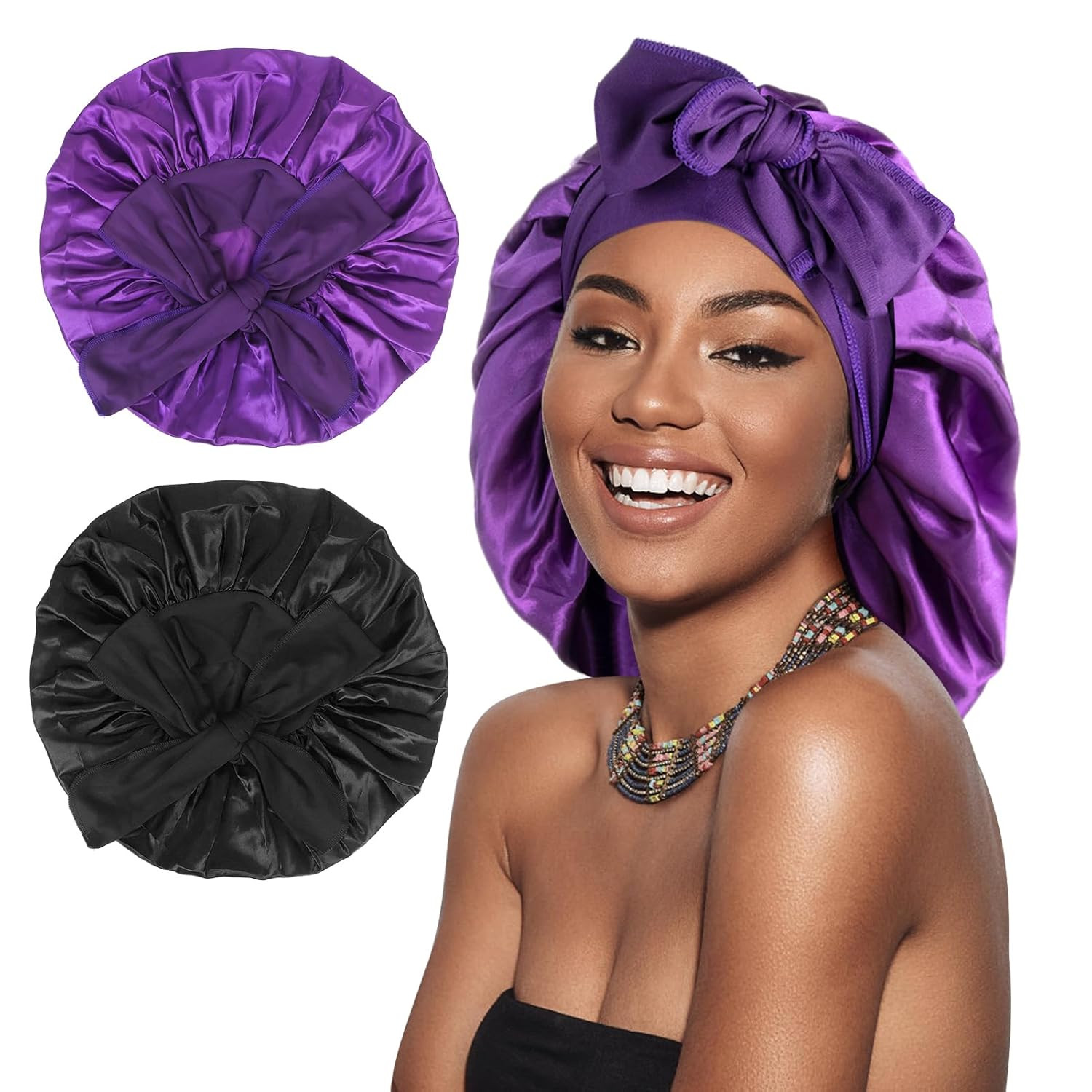 Arqumi 2 Pcs Satin Silk Bonnet for Sleeping Women, Large Long Strap Tie Band Adj