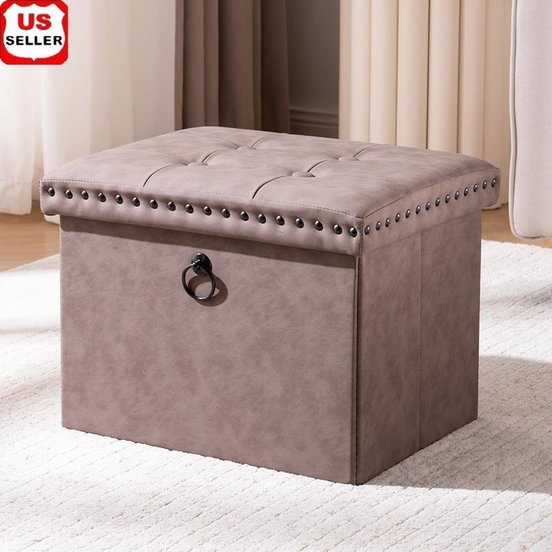 Folding Storage Ottoman Faux Leather Foot Rest Stool W/ Button Tufted Design New
