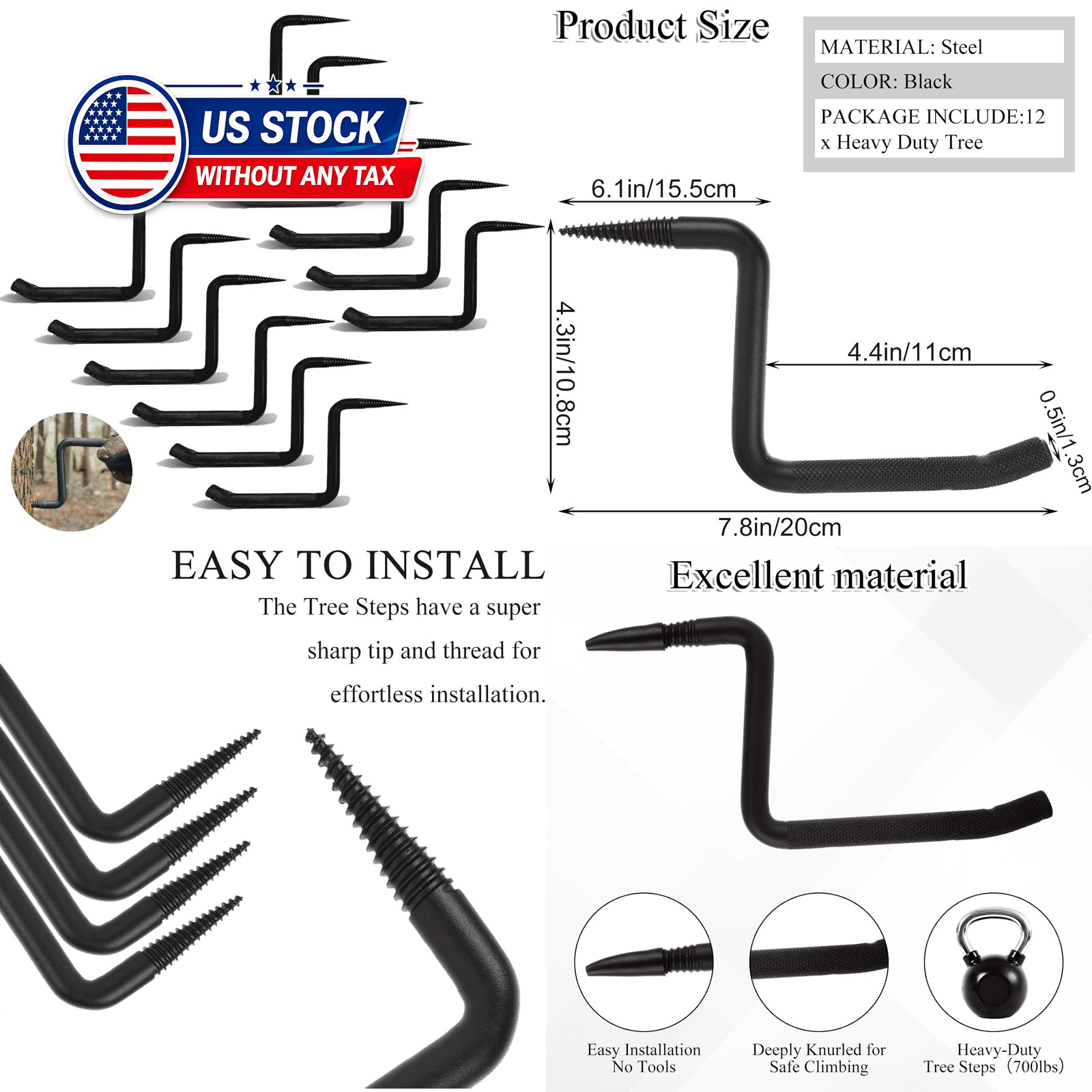 12 Pack Screw-in Tree Steps for Hunting, 4 Inch Heavy Duty Tree Stand Steps with