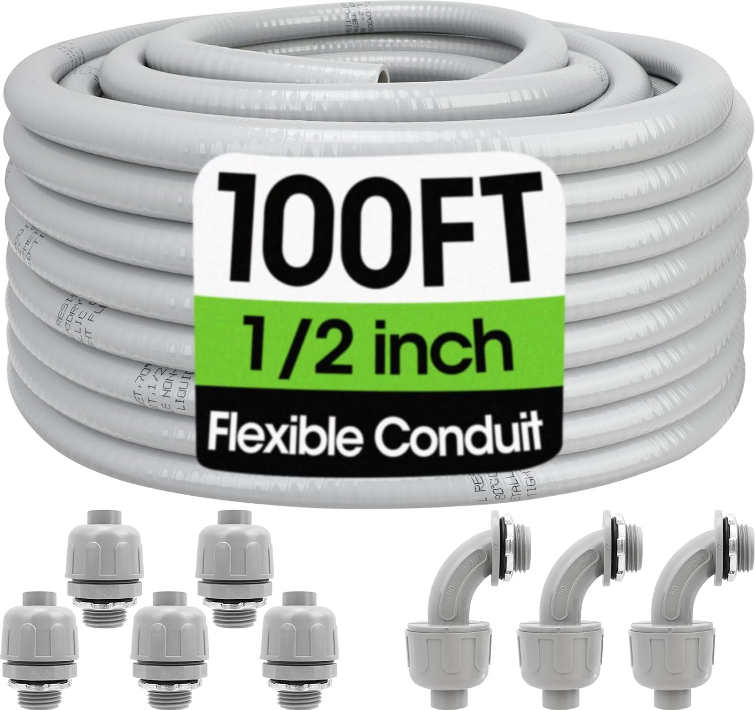 100FT Liquid-Tight Conduit and Connector Kit, 1/2 Flexible Non Metallic Electric