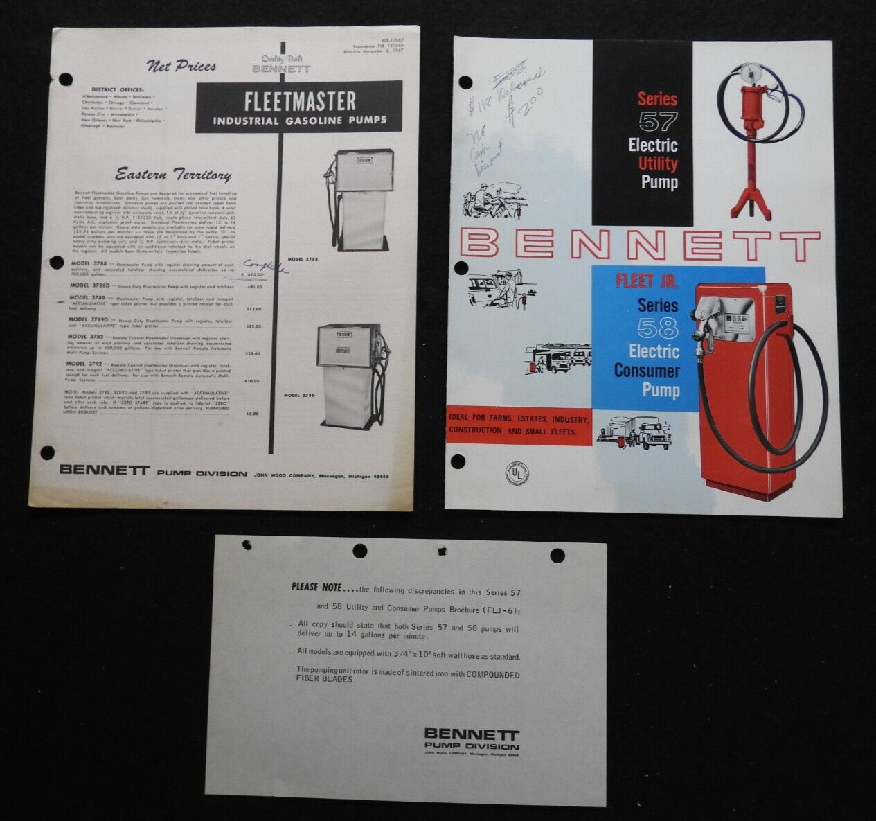 1965 Bennett 57 & 58 Gas Diesel Fuel Pumps John Wood Co Muskegon Sales Brochures