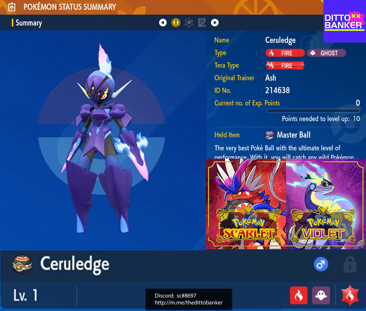 Pokemon Scarlet/Violet ✨SHINY CERULEDGE Lv.1 Adamant 6IV w/ Masterball Tradę