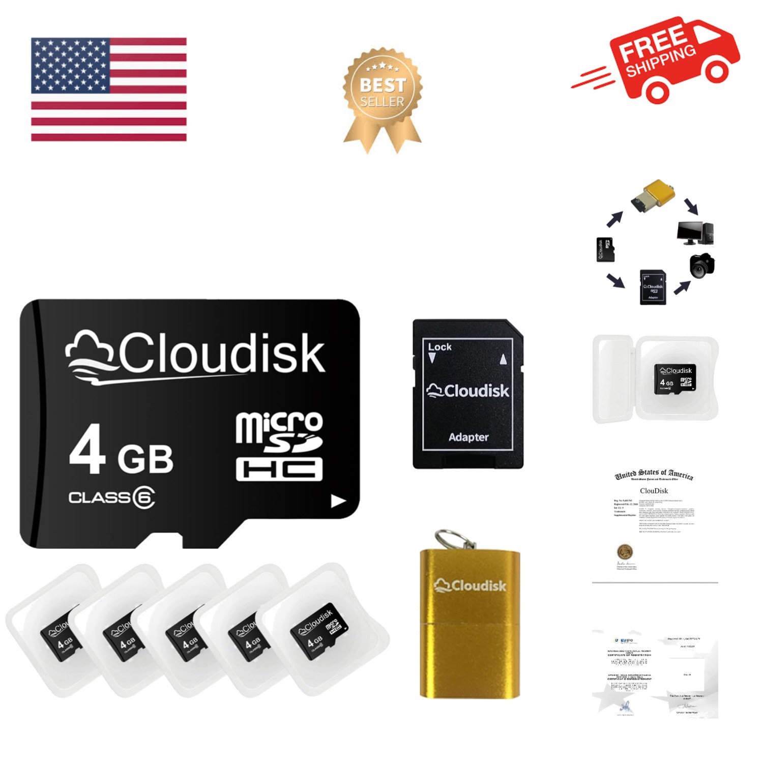 Pack of 5 Micro SD Card 4GB Flash Memory Card C6 Micro SDHC with SD Adapter, ...