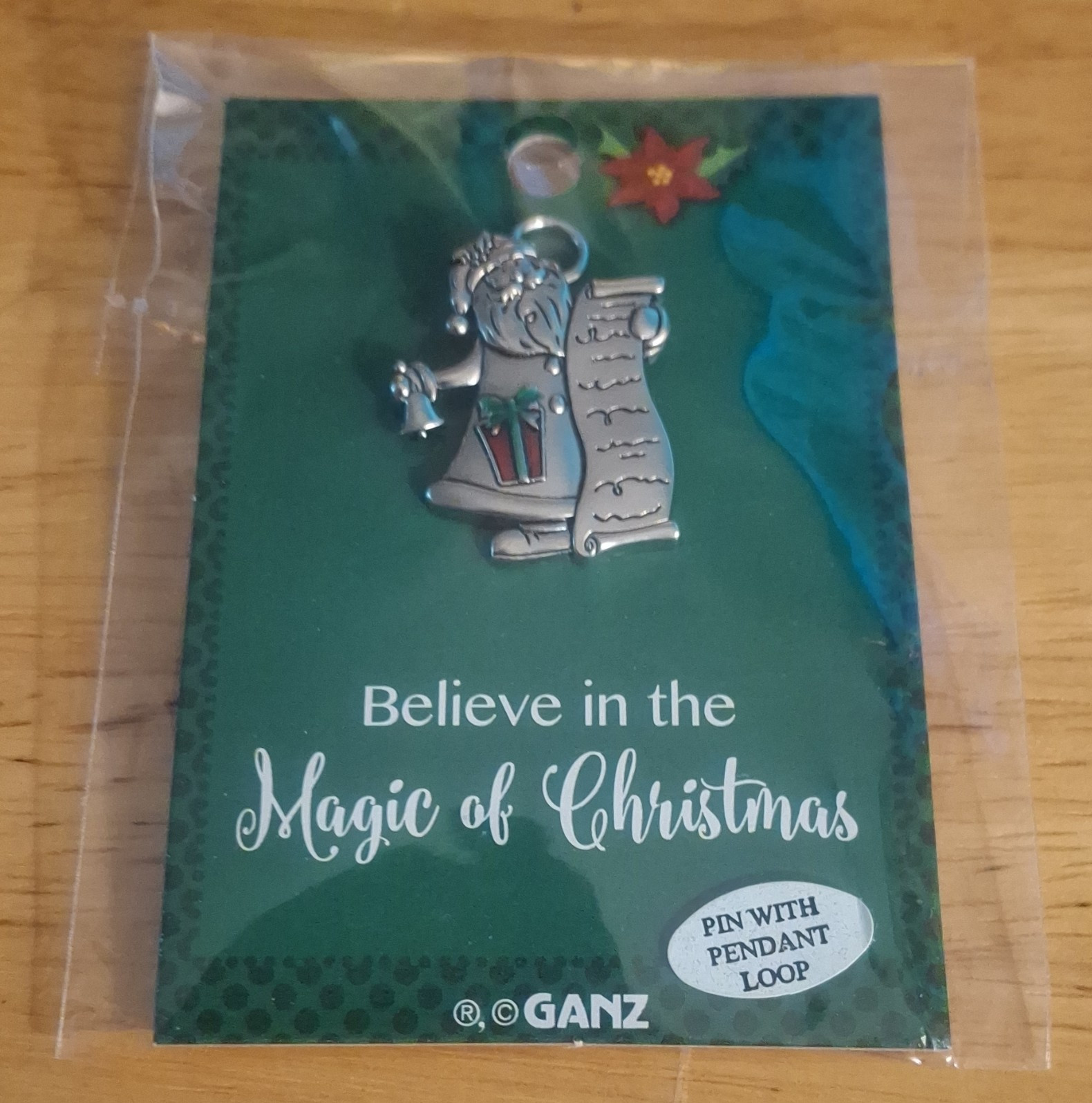 Ganz Christmas Holiday Pin w/ Pendant Loop, Silver Metal Red Green EX26267