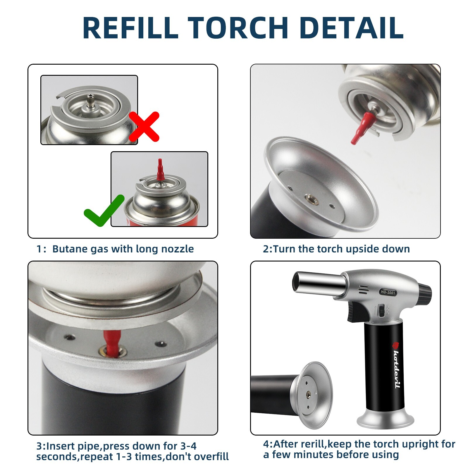 Hotdevil Butane Adjustable Flame Torch 6g Refillable Tank Cooking Lighter Blow