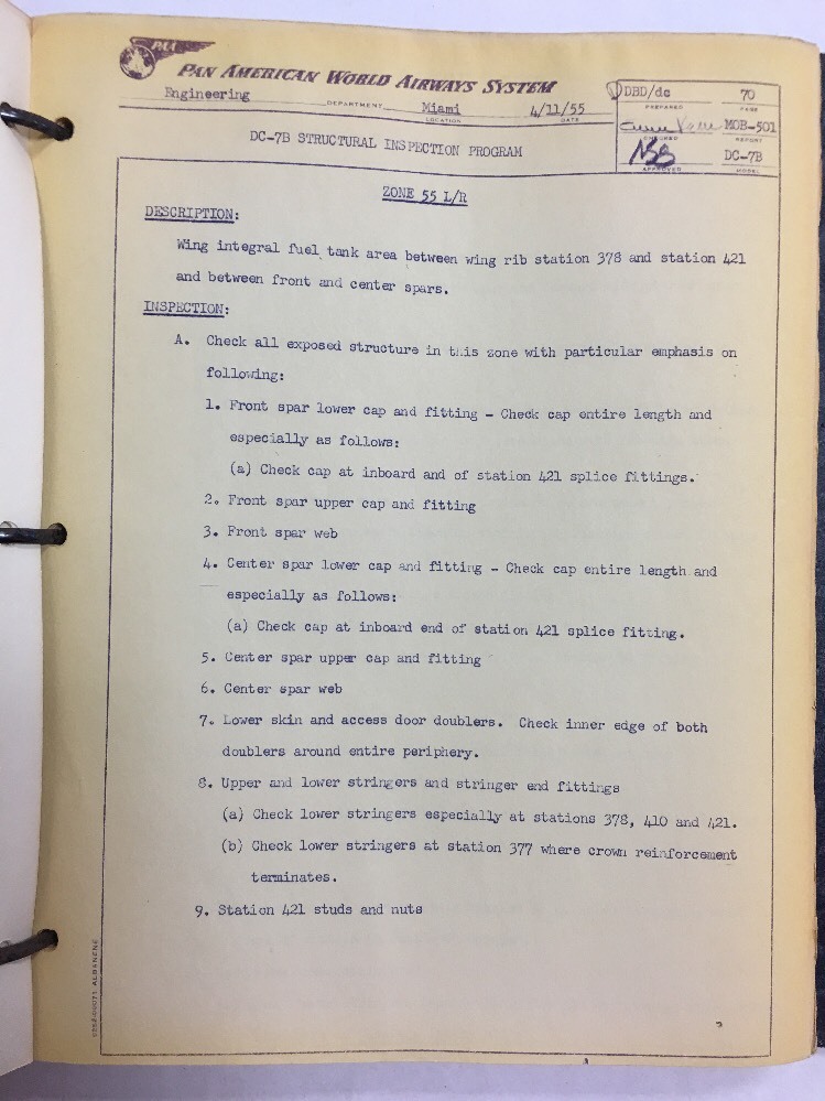 Douglas DC7B Original Structural Inspection Program Pan American World Airways