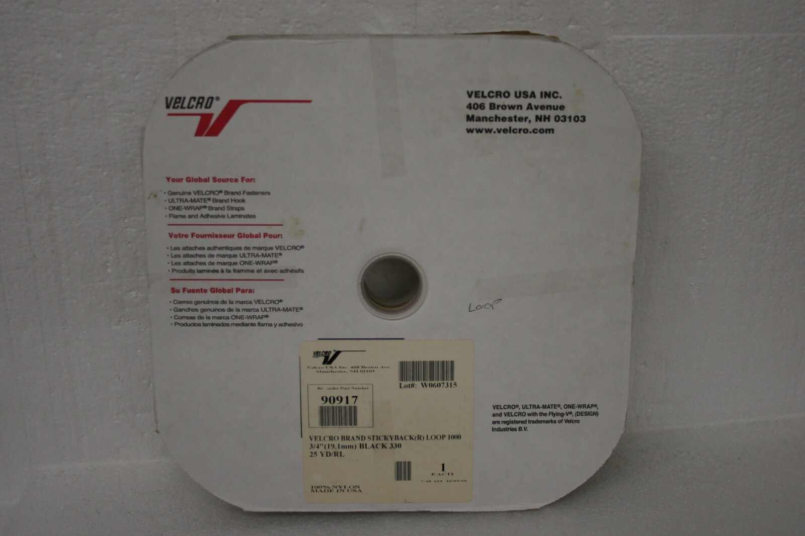 VELCRO Brand STICKY BACK Loop Tape 3/4" x 25yd Black, 90917