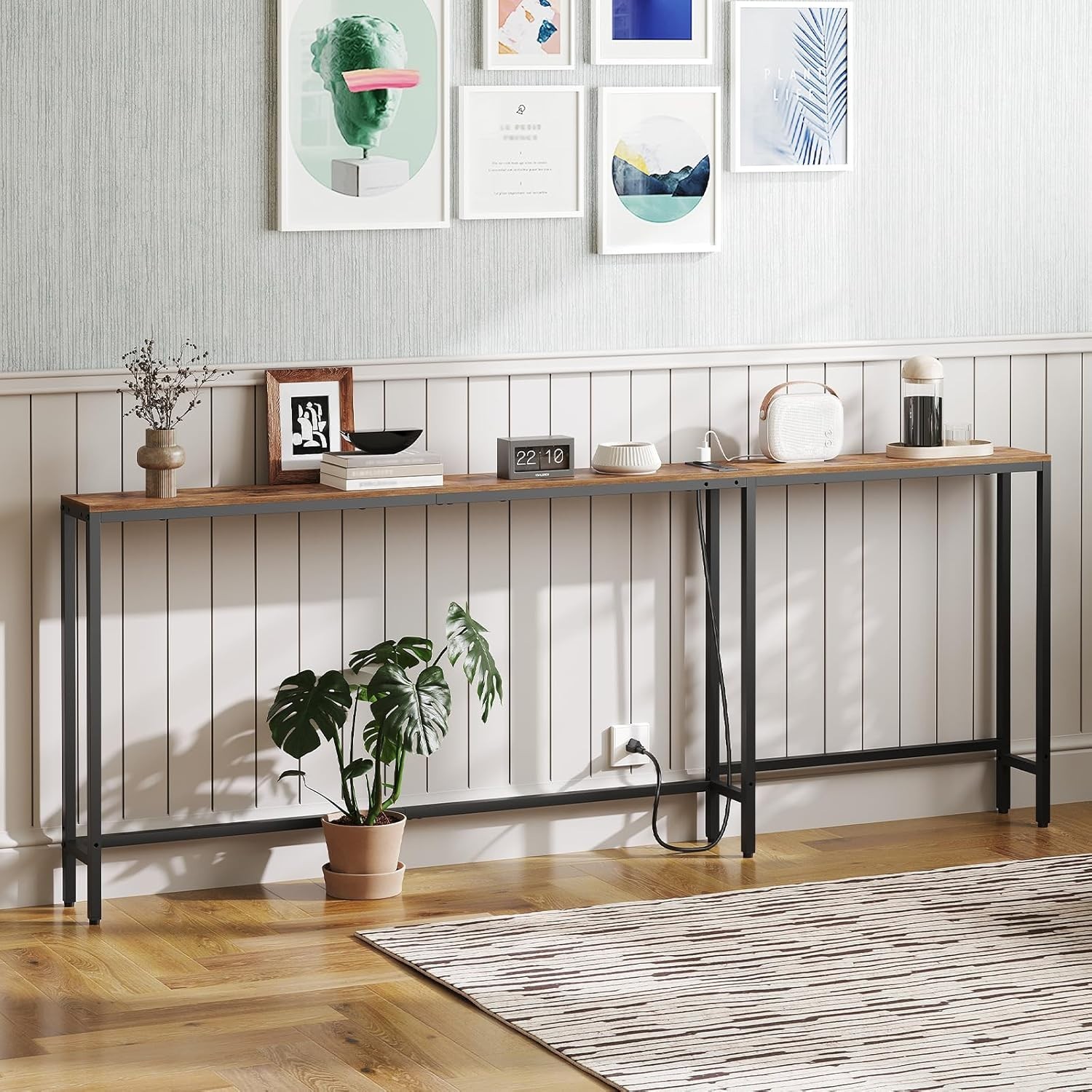 Rustic Brown 78.7" Extra Long Console Table - Built-in Charging Station